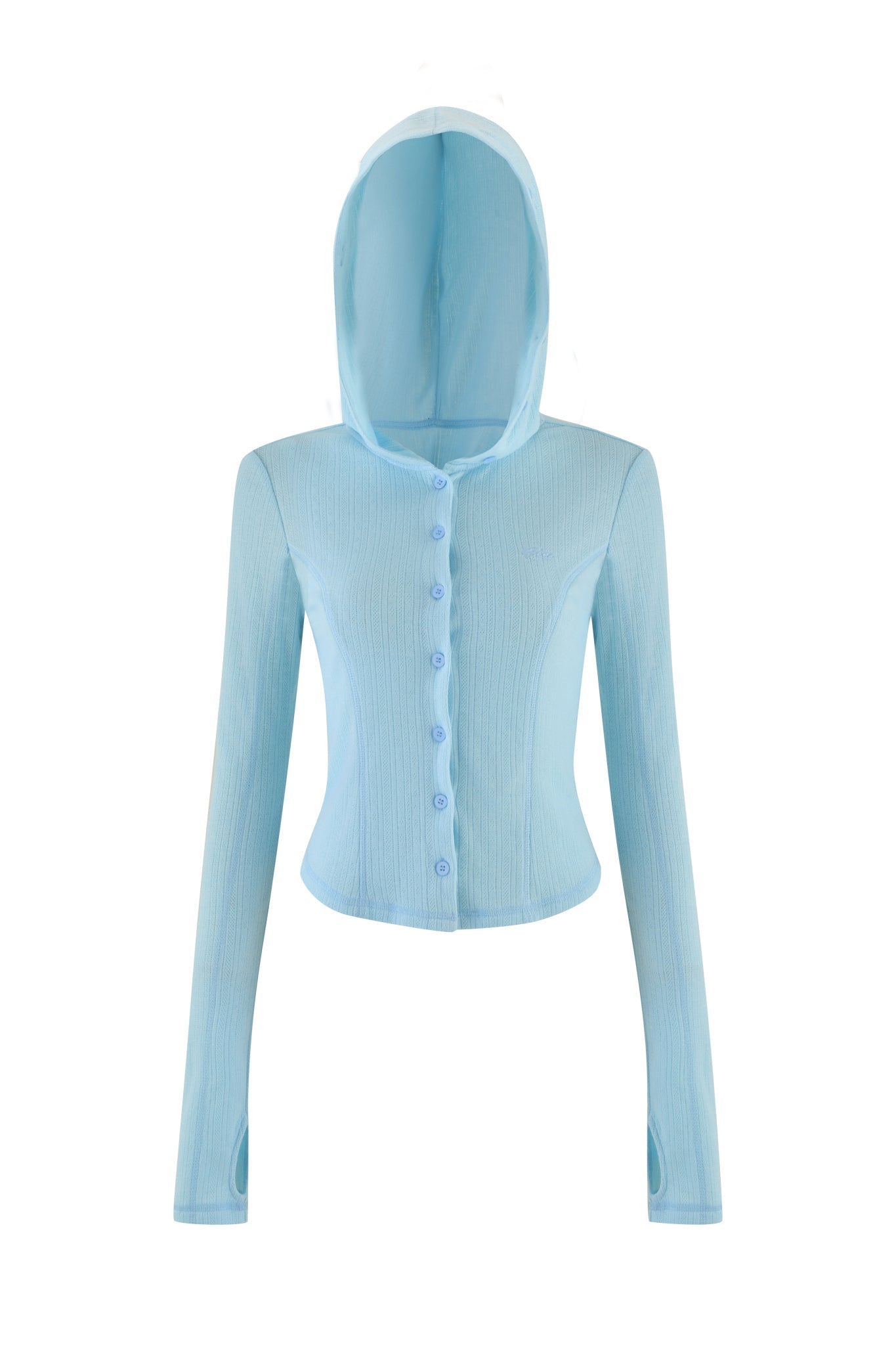 The image shows the MIA HOODIE 2.0 in Baby Blue by I.AM.GIA, a light blue, long-sleeved cardigan with a hood and front buttons. Its sheer ribbed fabric includes thumbholes at the sleeve ends for a subtle bodycon silhouette effect.