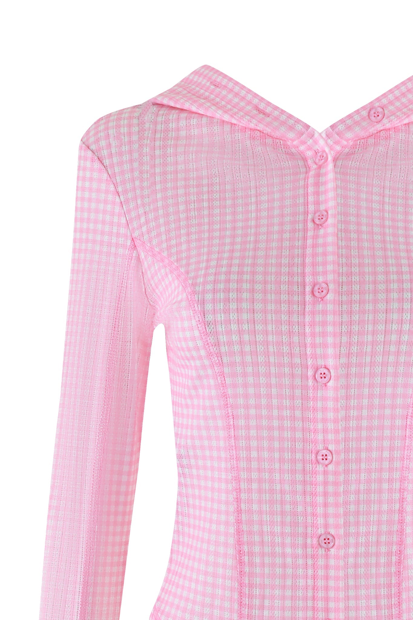 The MIA HOODIE - PINK GINGHAM by I.AM.GIA showcases a charming pink and white checkered design with a pointed collar, long sleeves, and slim fit. Pink buttons accentuate the baby pink gingham pattern.