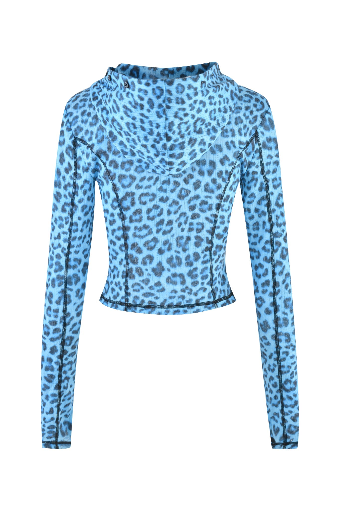 The MIA HOODIE - TEAL LEOPARD by I.AM.GIA features a fitted, long-sleeve design with a striking teal and black leopard print, custom 'GIA' embroidery, and is shown from the back.
