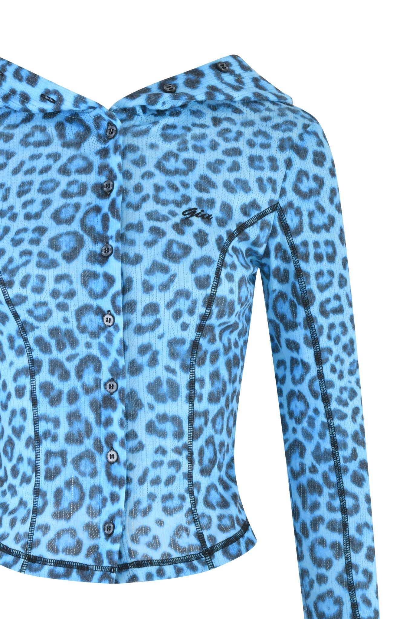 A close-up of the MIA HOODIE by I.AM.GIA, featuring a teal leopard print, black stitching, custom 'GIA' embroidery, long sleeves, a collar, and a slightly fitted waist.