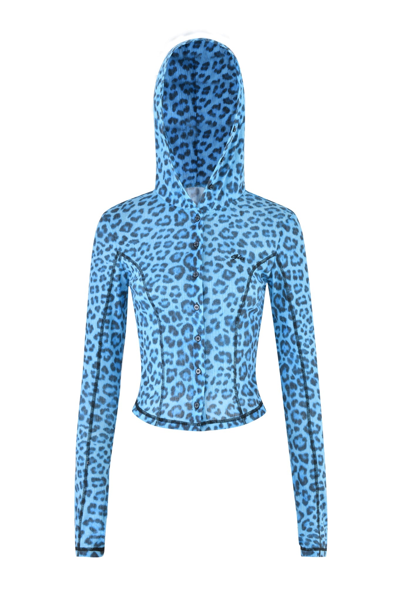 The MIA HOODIE - TEAL LEOPARD by I.AM.GIA is a fitted, long-sleeve button-up hoodie in teal leopard print with custom 'GIA' embroidery, shown on a plain white background.