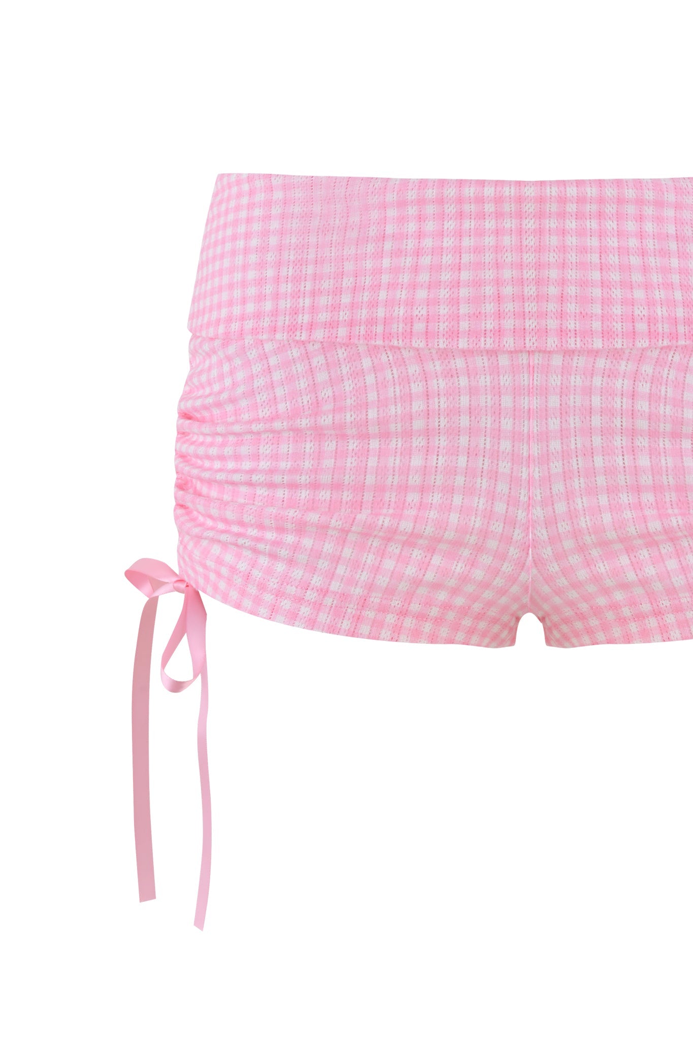The I.AM.GIA MIA SHORT - PINK : PINK GINGHAM features a baby pink gingham pattern with gathered sides and ribbon ties on a white background, offering modern appeal with their low-rise waist.