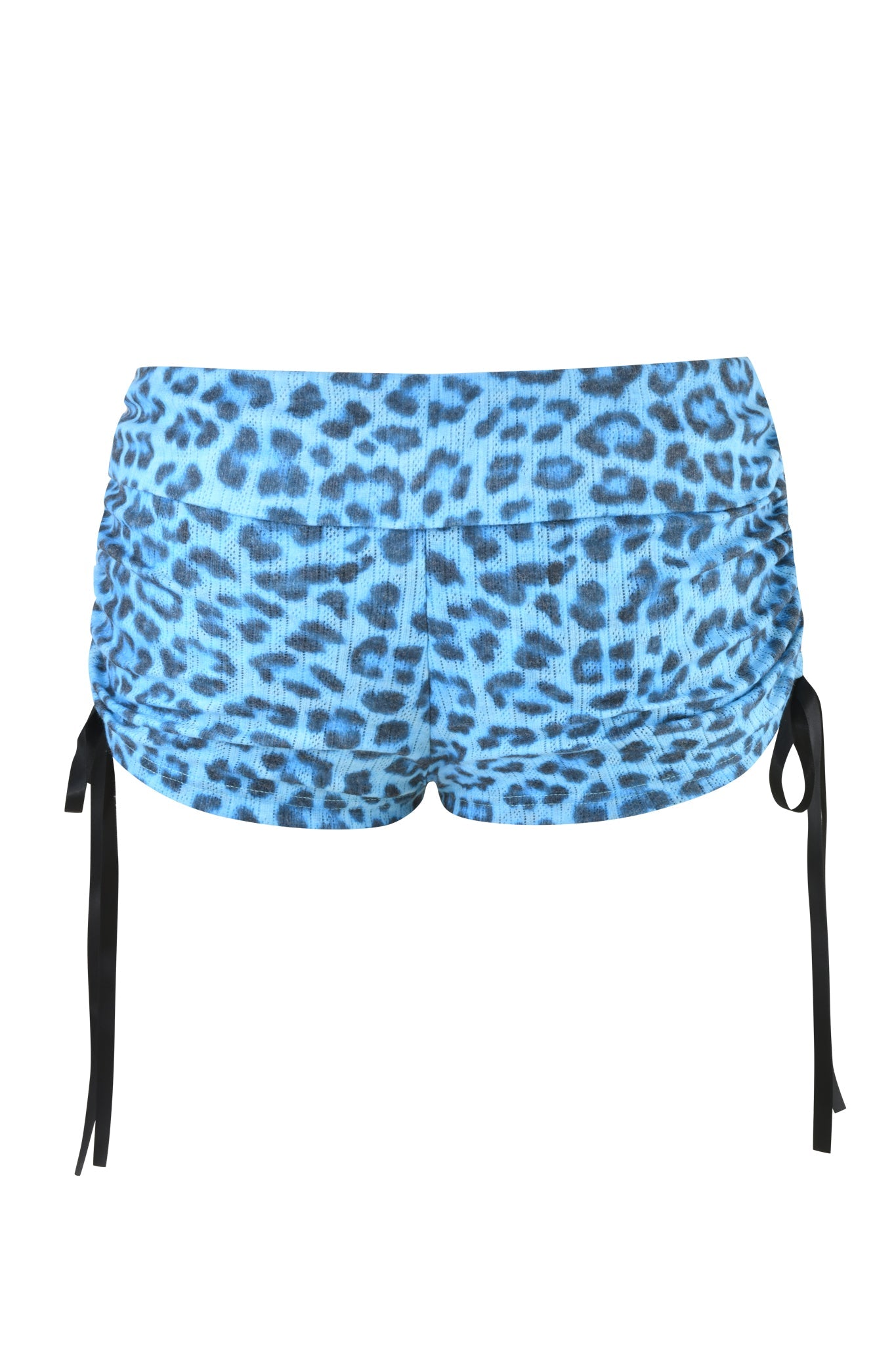 The MIA SHORT - TEAL LEOPARD by I.AM.GIA features a teal leopard print, low-rise fit, side ruching, and black ribbon ties on each side, shown from the back.