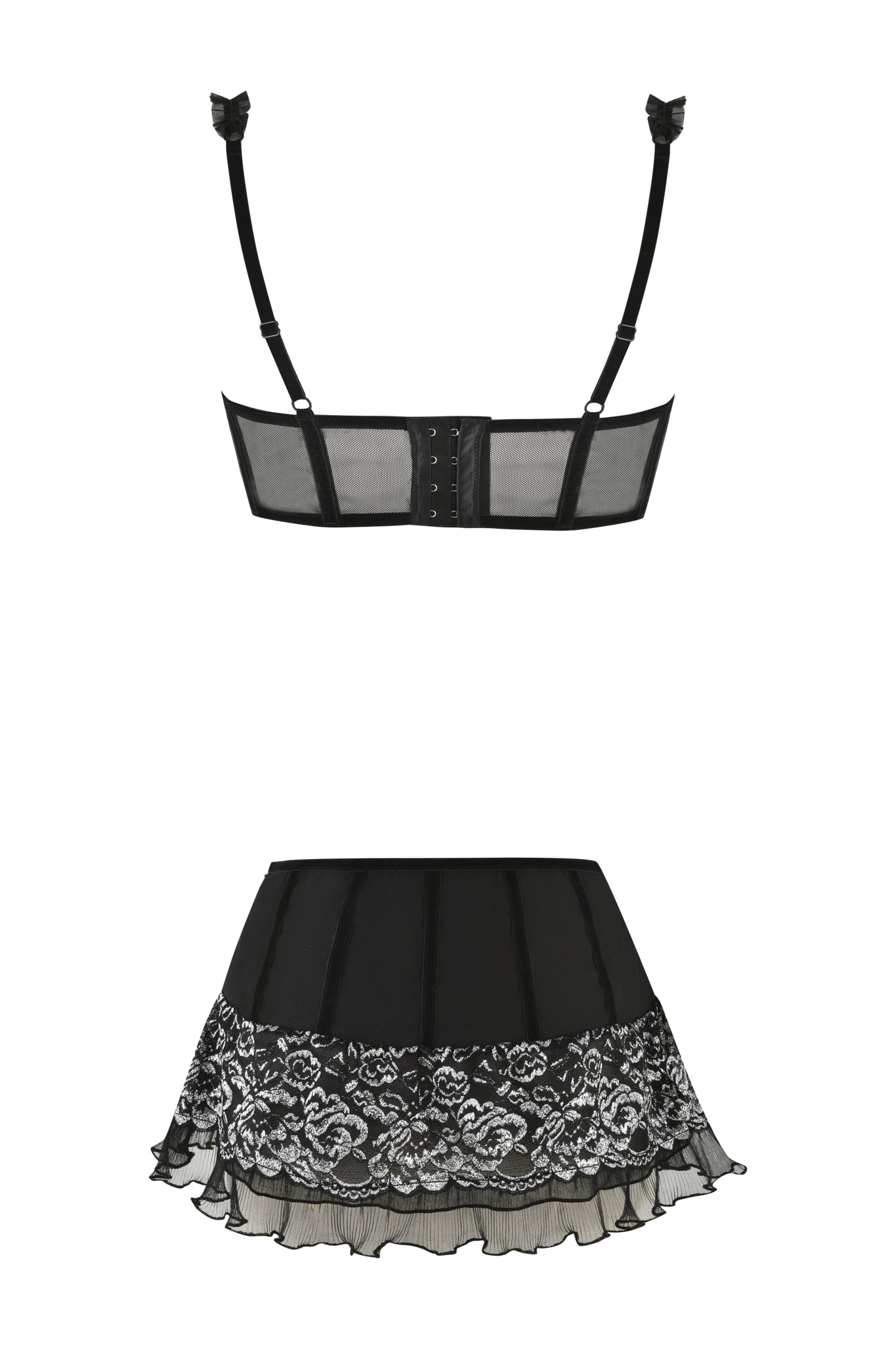 Discover the NYSSA TWO-PIECE SET - BLACK : METALLIC from I.AM.GIA, showcasing a sheer underwire bra with adjustable straps and corset detailing, beautifully complemented by a matching sheer mini skirt embellished with lace at the hem.
