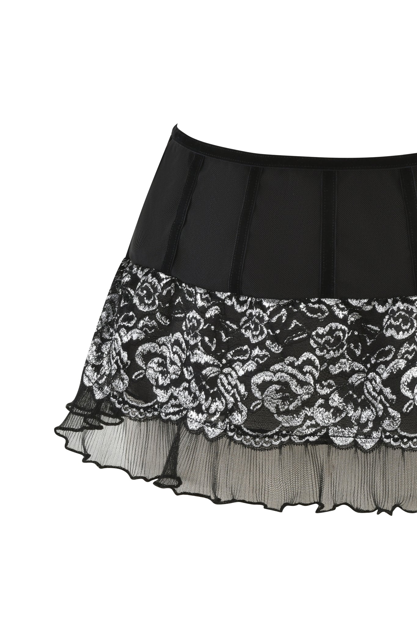 Discover the NYSSA TWO-PIECE SET - BLACK : METALLIC from I.AM.GIA, featuring a stunning black mini skirt with a lace floral pattern and pleated hem. This layered design beautifully combines a solid upper section with intricate lace in the middle and a sheer, pleated lower edge, making it an ideal choice for pairing with a bralette.