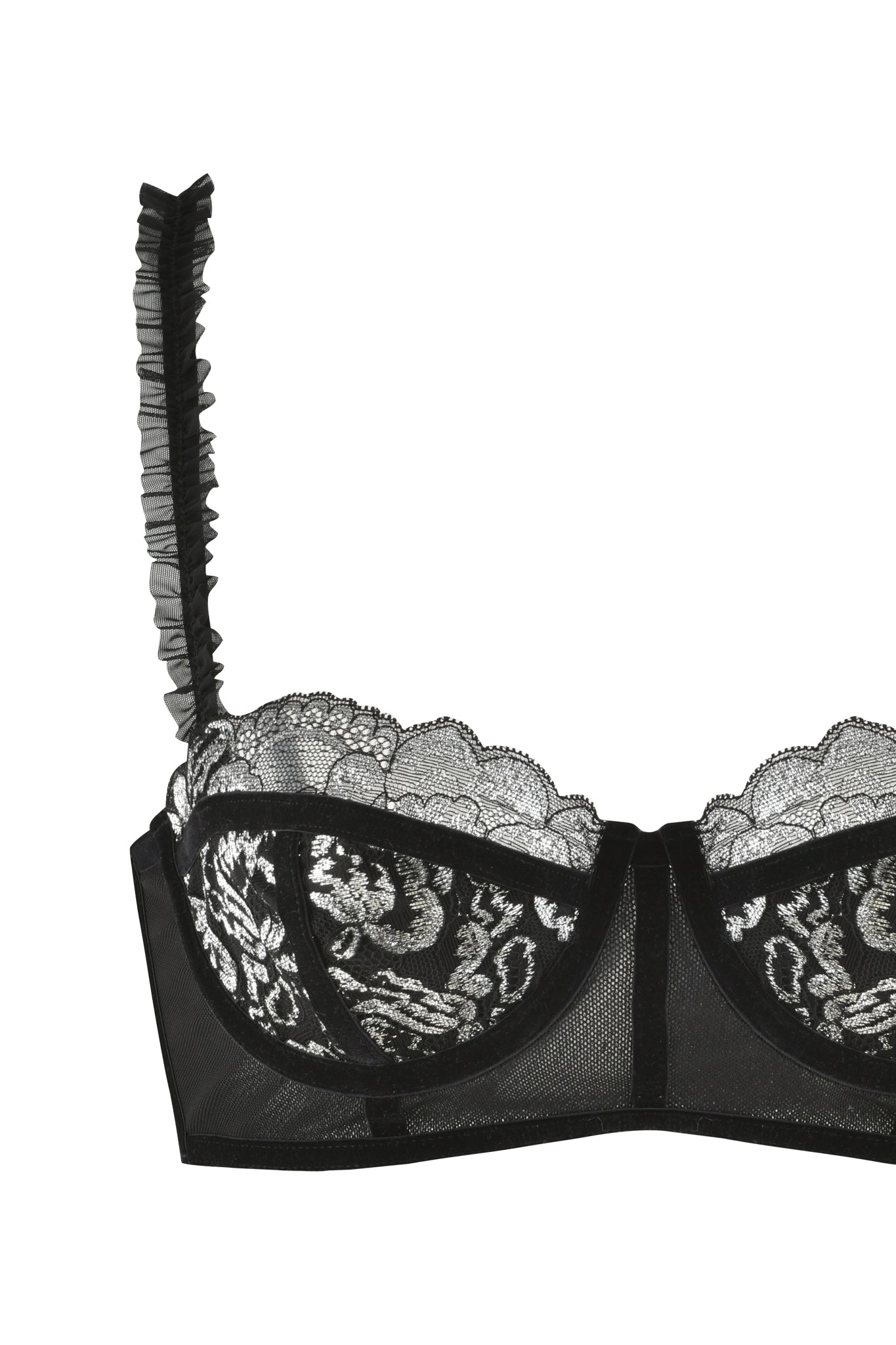 Introducing the NYSSA TWO-PIECE SET - BLACK : METALLIC by I.AM.GIA, featuring a black lace bra adorned with scalloped lace detailing and ruffled straps. This piece showcases an intricate floral pattern on elegant semi-sheer fabric. Perfectly designed to pair with a matching skirt for a sophisticated ensemble.