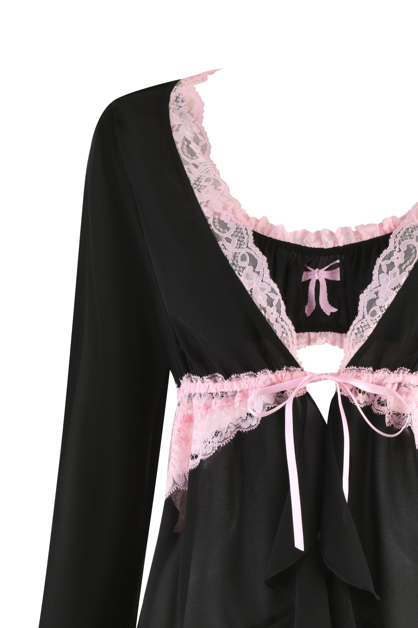 The JUNIPER ROBE THREE-PIECE SET - BLACK from I.AM.GIA features a black and pink lace-trimmed nightgown with a ribbon tie at the waist. Styled as part of a chic three-piece set, this garment includes a V-neckline adorned with pink lace, complemented by satiny soft fabric.
