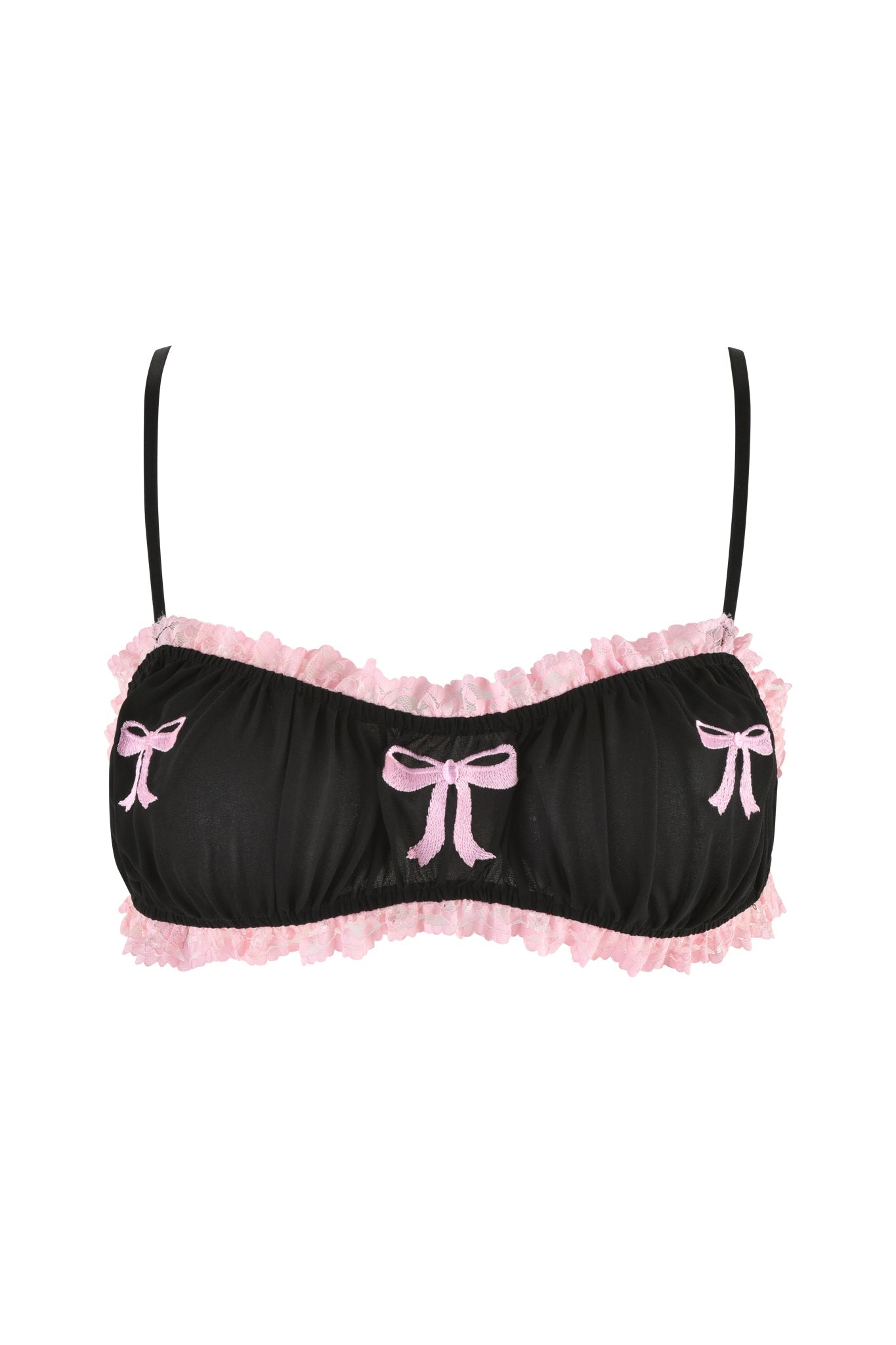 The JUNIPER ROBE THREE-PIECE SET by I.AM.GIA features a stylish black bralette adorned with pink frills and bow embroidery on the front. It is complemented by thin black straps and offers a decorative, feminine design that pairs beautifully with the three-piece set's delicate pink lace accents.