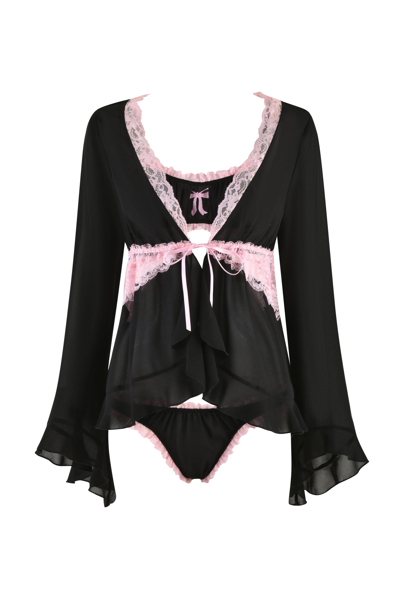 The JUNIPER ROBE THREE-PIECE SET by I.AM.GIA includes a black satin lingerie set with pink lace trim, featuring a long-sleeve top with flared cuffs and a bow tie front, matching bottoms, and an elegant black robe.