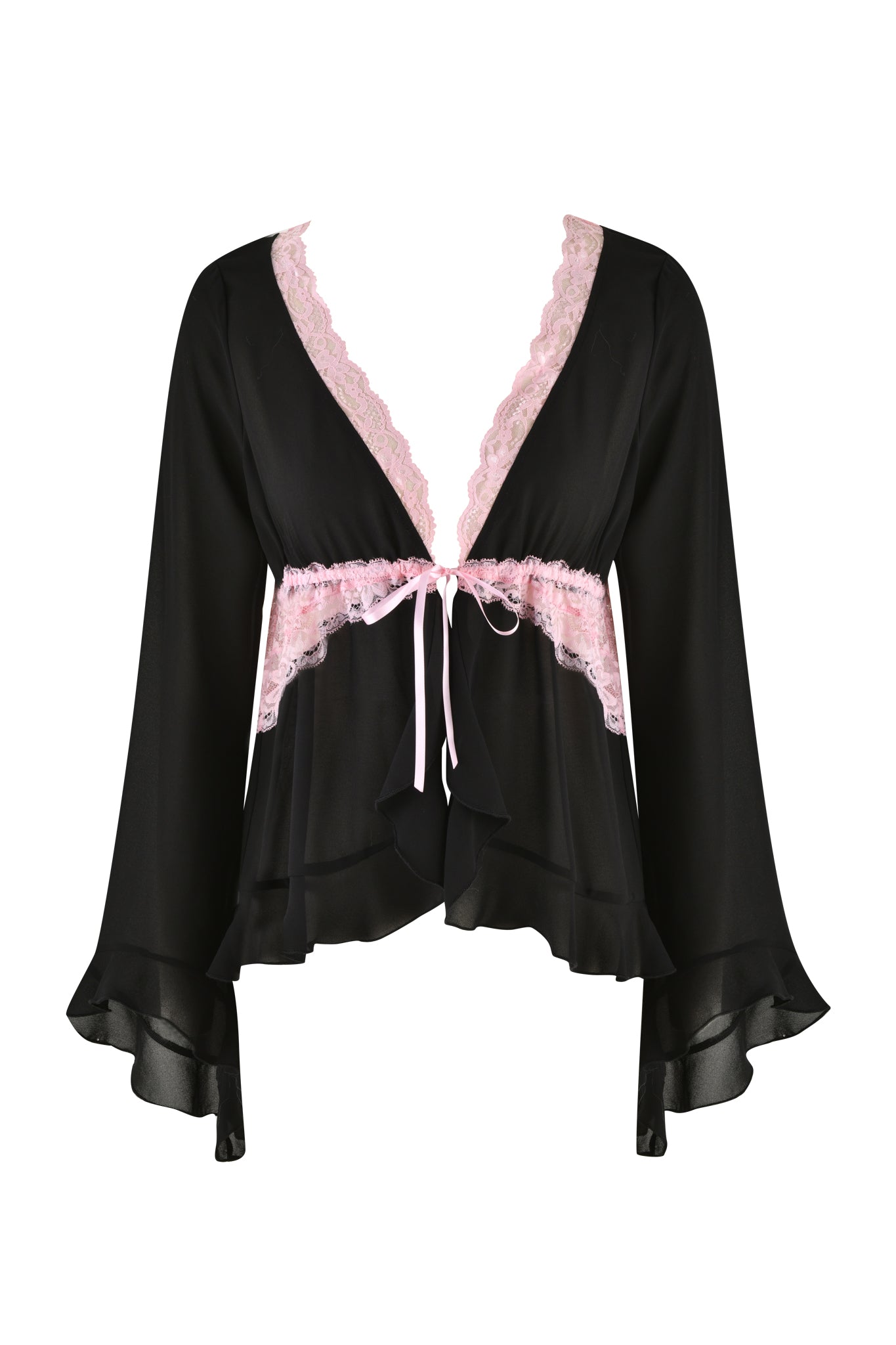 The JUNIPER ROBE THREE-PIECE SET - BLACK from I.AM.GIA offers a refined look, including a blouse with long sleeves and a deep V-neckline adorned with pink lace. This elegant piece features a tie-front closure along with ruffled hem and sleeves, infusing feminine charm into your outfit.