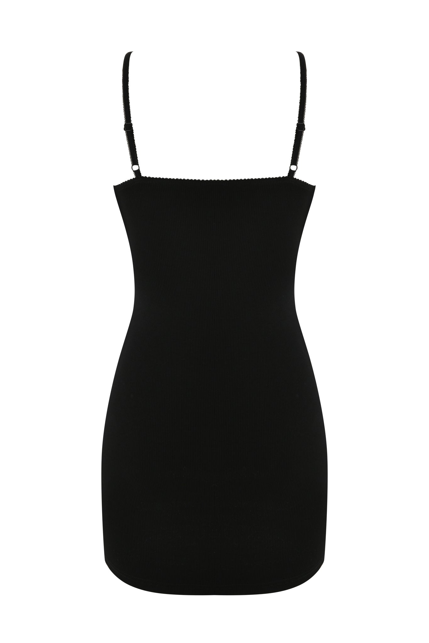 The ASTRID MINI DRESS - BLACK by I.AM.GIA is showcased against a white backdrop. This black, sleeveless, fitted dress features thin straps and boasts a simple yet elegant design with lace embroidery enhancing its sophistication. The fabric looks smooth and stretchy.