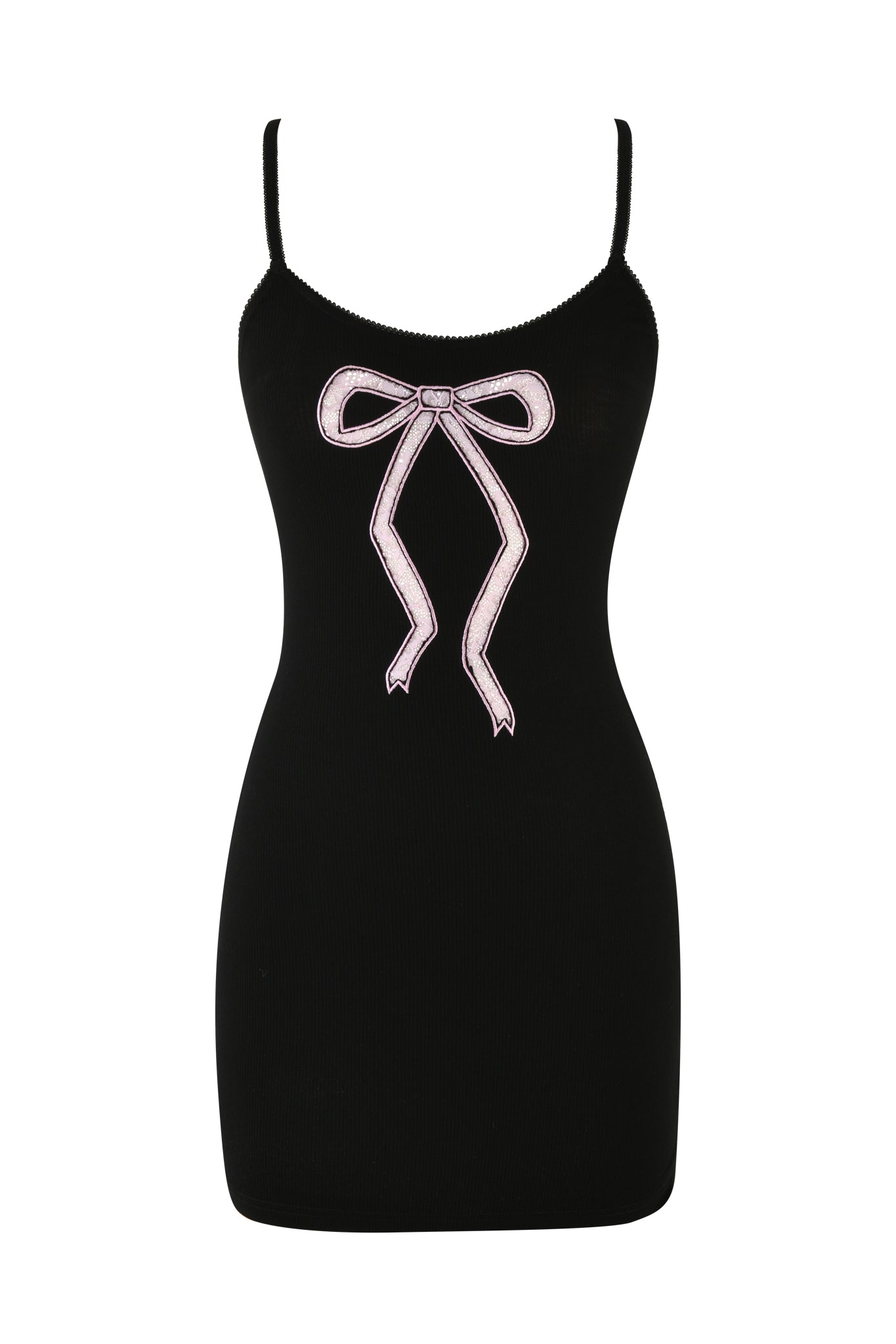 The ASTRID MINI DRESS by I.AM.GIA is a black sleeveless dress with thin straps and a prominent white bow design on the chest, highlighting its bodycon fit.