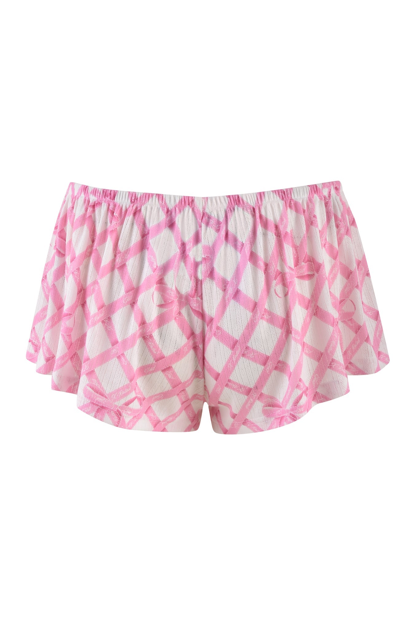 The VIVIENNE SHORT - PINK by I.AM.GIA features a pink and white grid pattern with bow motifs, inspired by the GIA wrapping paper print. It offers a loose, flowy fit with an elastic waistband for comfort.