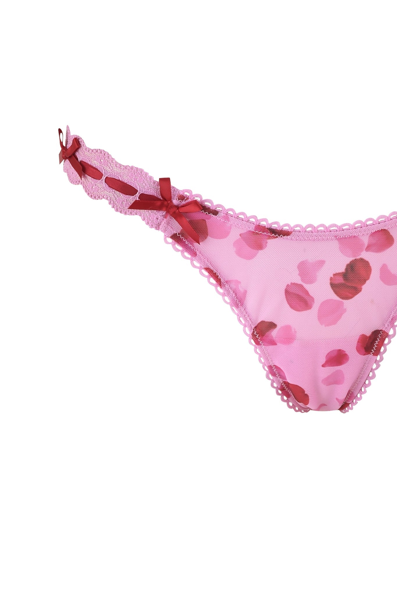 The GABRIELLA 2 PIECE SET by I.AM.GIA features pink lace with red floral patterns and small red bows, resembling a rose petal mesh underwire bra on white, ideal for a romantic Valentine's Day ensemble.