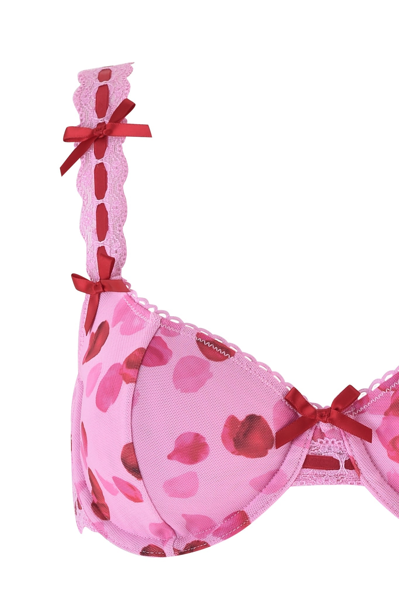 This Valentine's Day fit showcases the GABRIELLA 2 PIECE SET - PINK: PRETTY PETAL by I.AM.GIA, featuring a close-up of a pink and red rose petal mesh underwire bra. Lace-trimmed straps and dainty bows add allure to this decorative, sheer design.