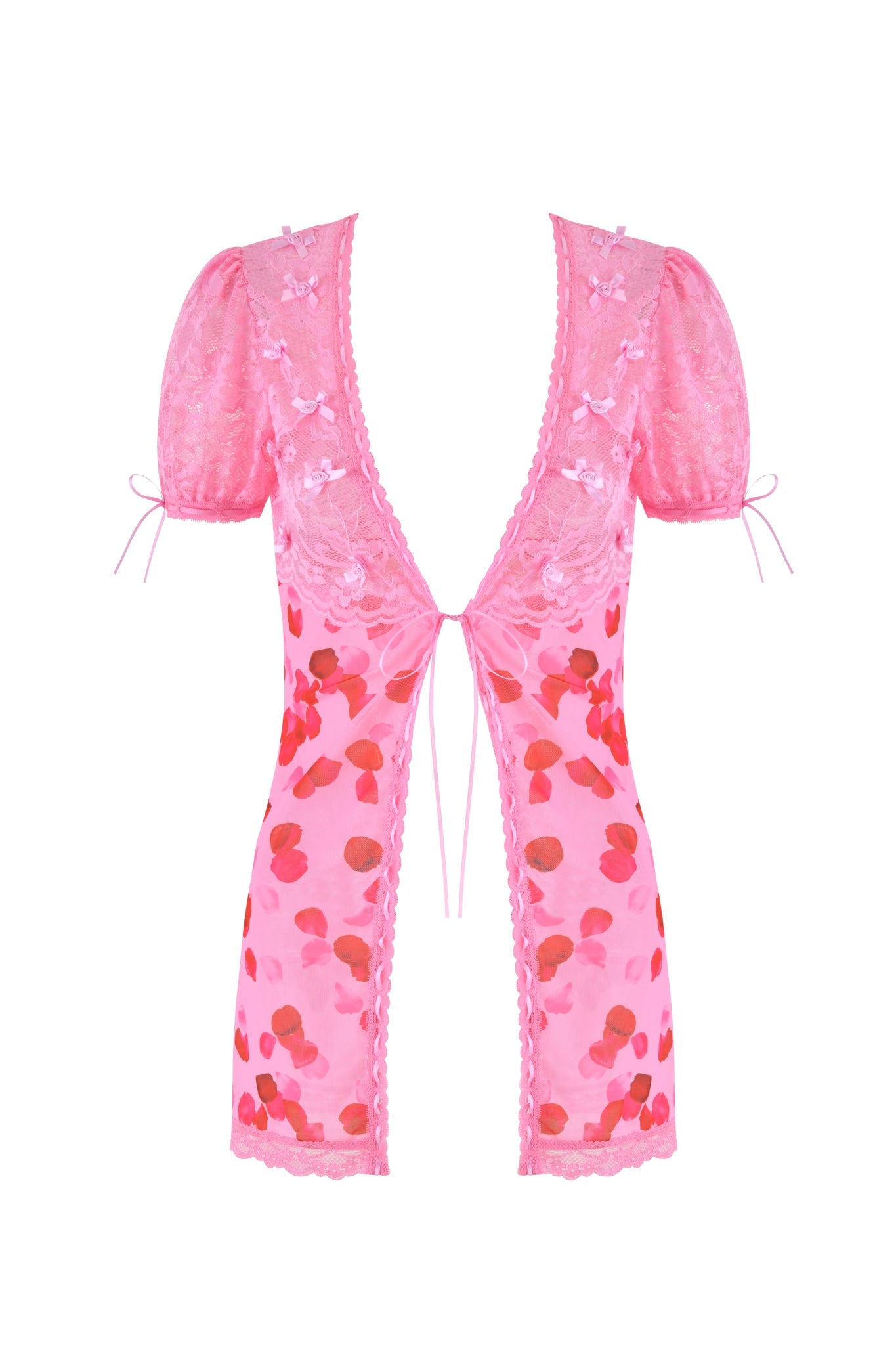 The Verona Chemise by I.AM.GIA flaunts a pink, semi-sheer lace design with floral patterns and rose petals. Featuring short, puffed sleeves, a deep V-neckline with bows, and a tie-front closure for that exclusive touch.