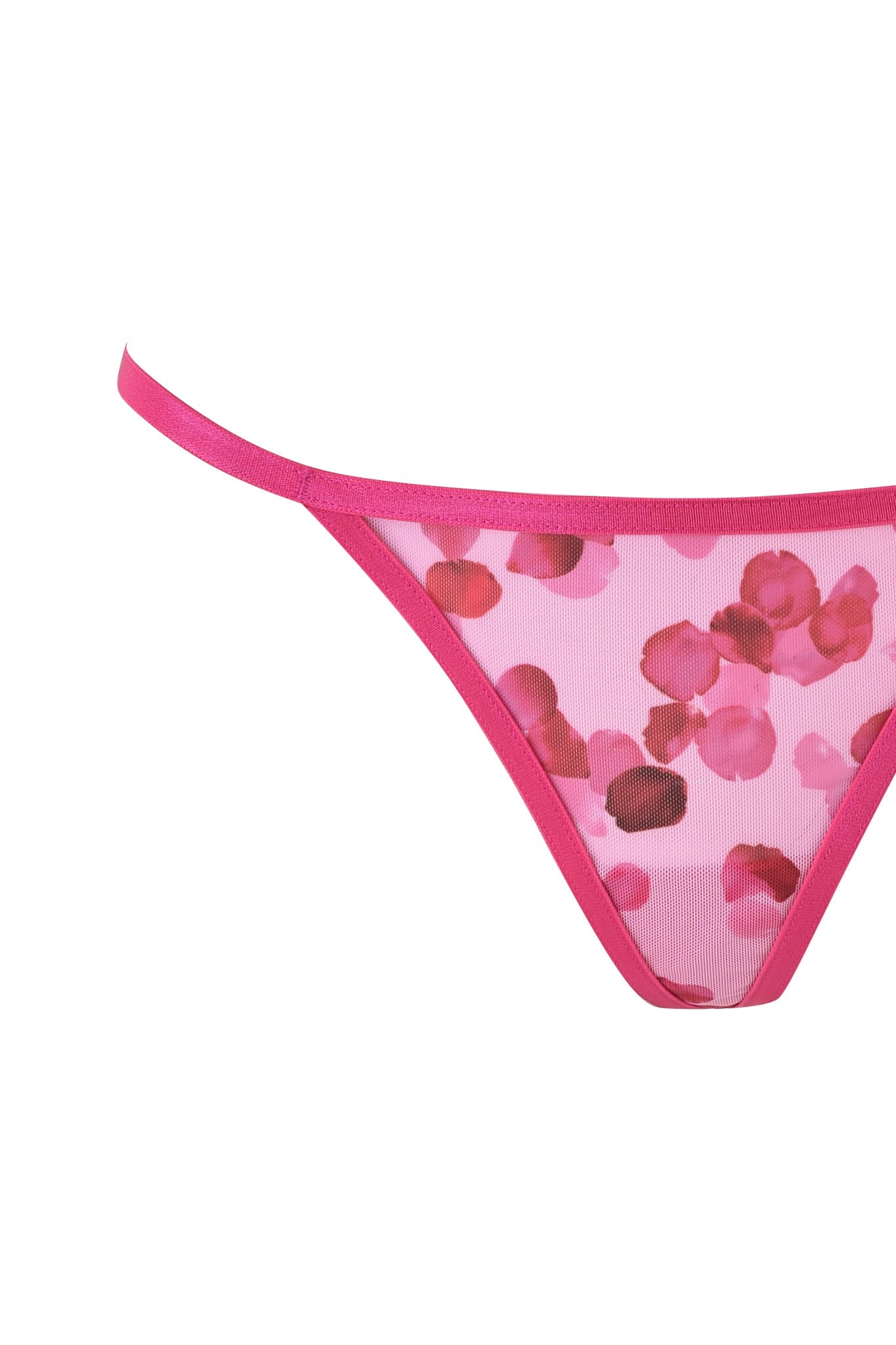 The ROSALIA BUSTIER SET - PINK by I.AM.GIA features a vintage-inspired thong with a rose petal print, showcasing pink and red petals on a light pink background and complemented by thin, elastic side straps.