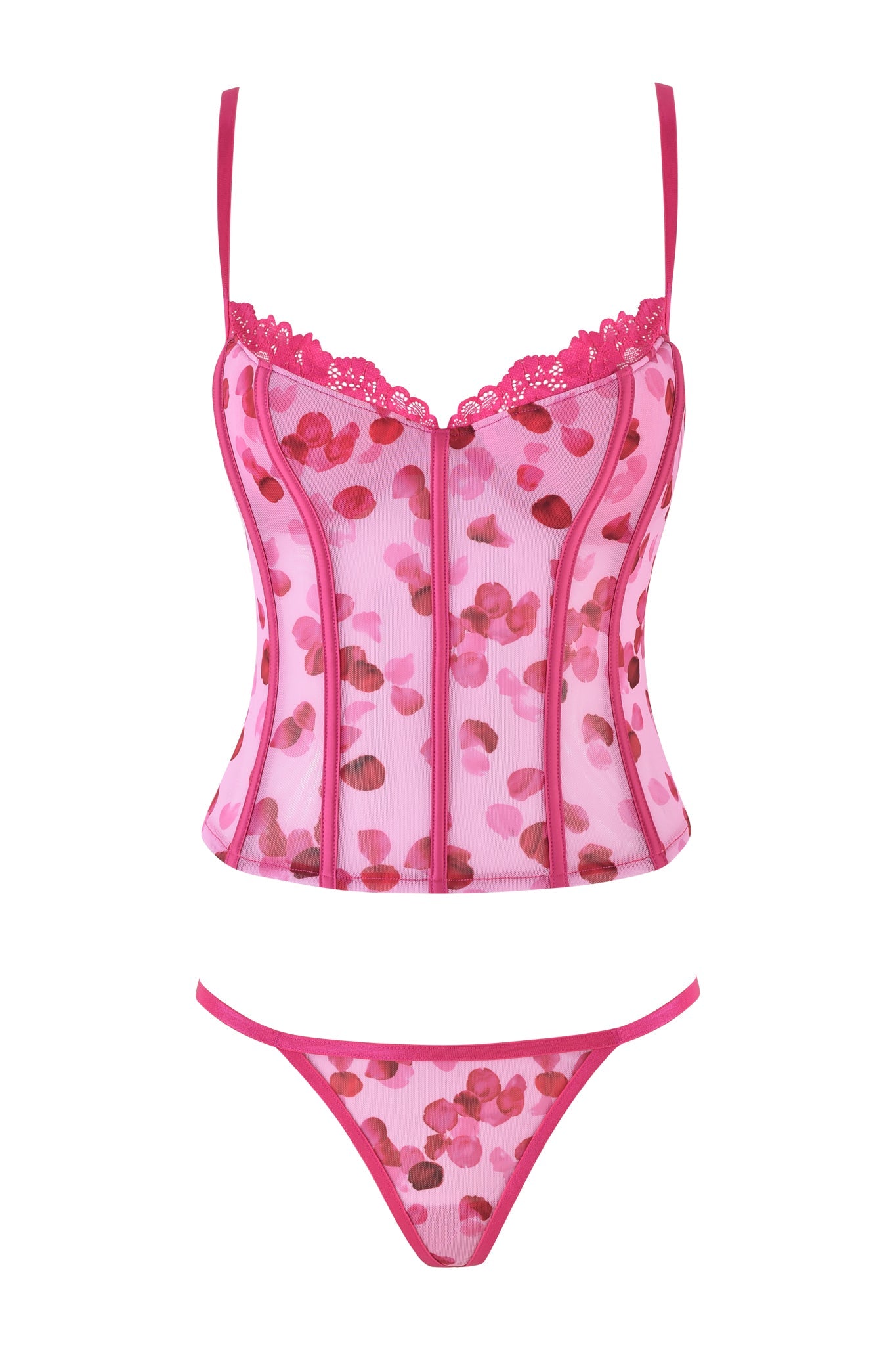 The ROSALIA BUSTIER SET - PINK: PRETTY PETAL by I.AM.GIA features a vintage-inspired lingerie set with a bustier-style top, spaghetti straps, delicate lace trim, and a matching thong in charming rose petal print.