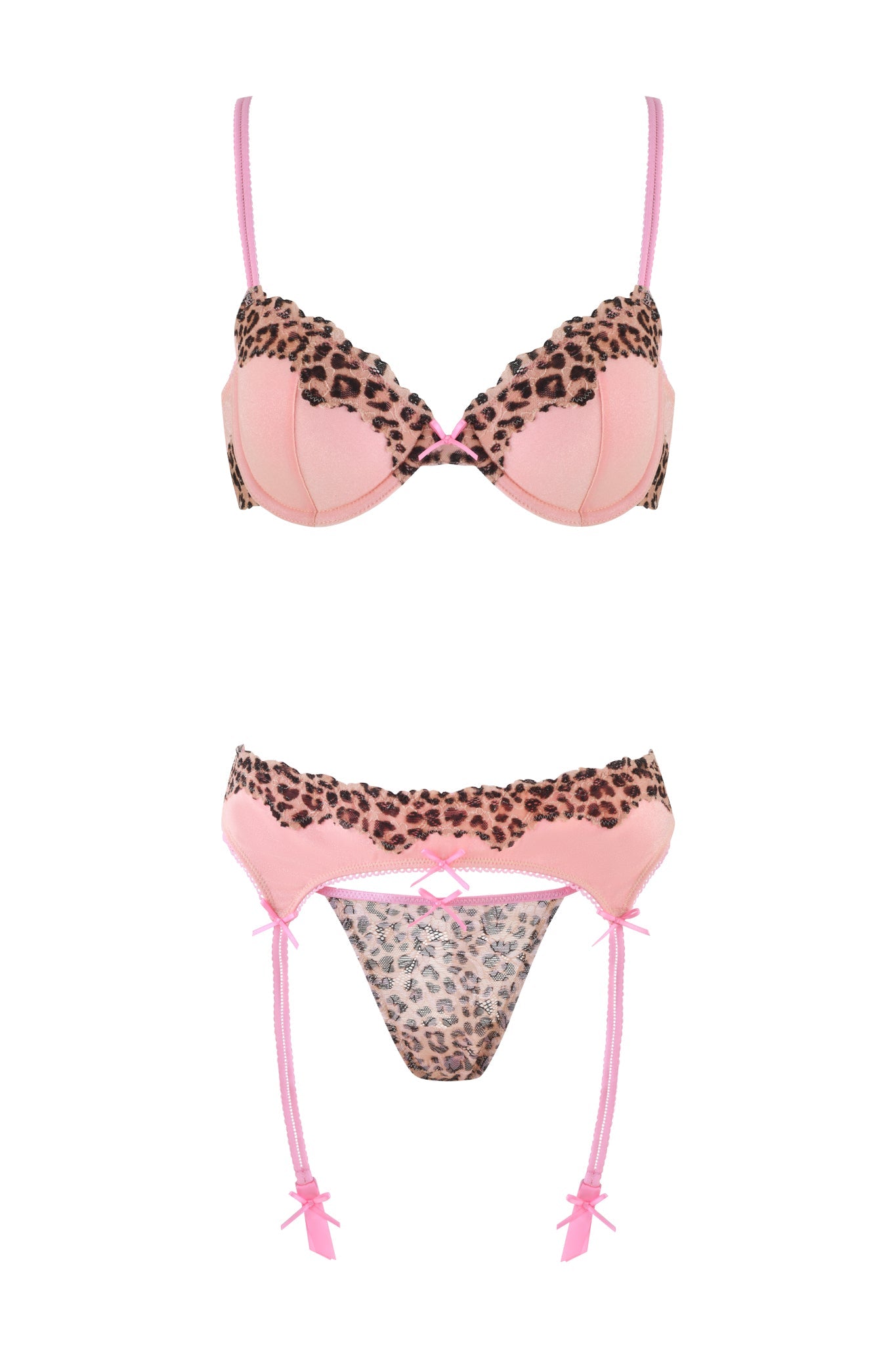 The AMARI 3 PIECE SET - PINK : LEOPARD by I.AM.GIA is a alluring lingerie set with a pink and leopard-print bra, matching panties, and a garter belt. The bra features leopard-print cups, and the sheer panties are adorned with pink bows for a vintage-inspired look.