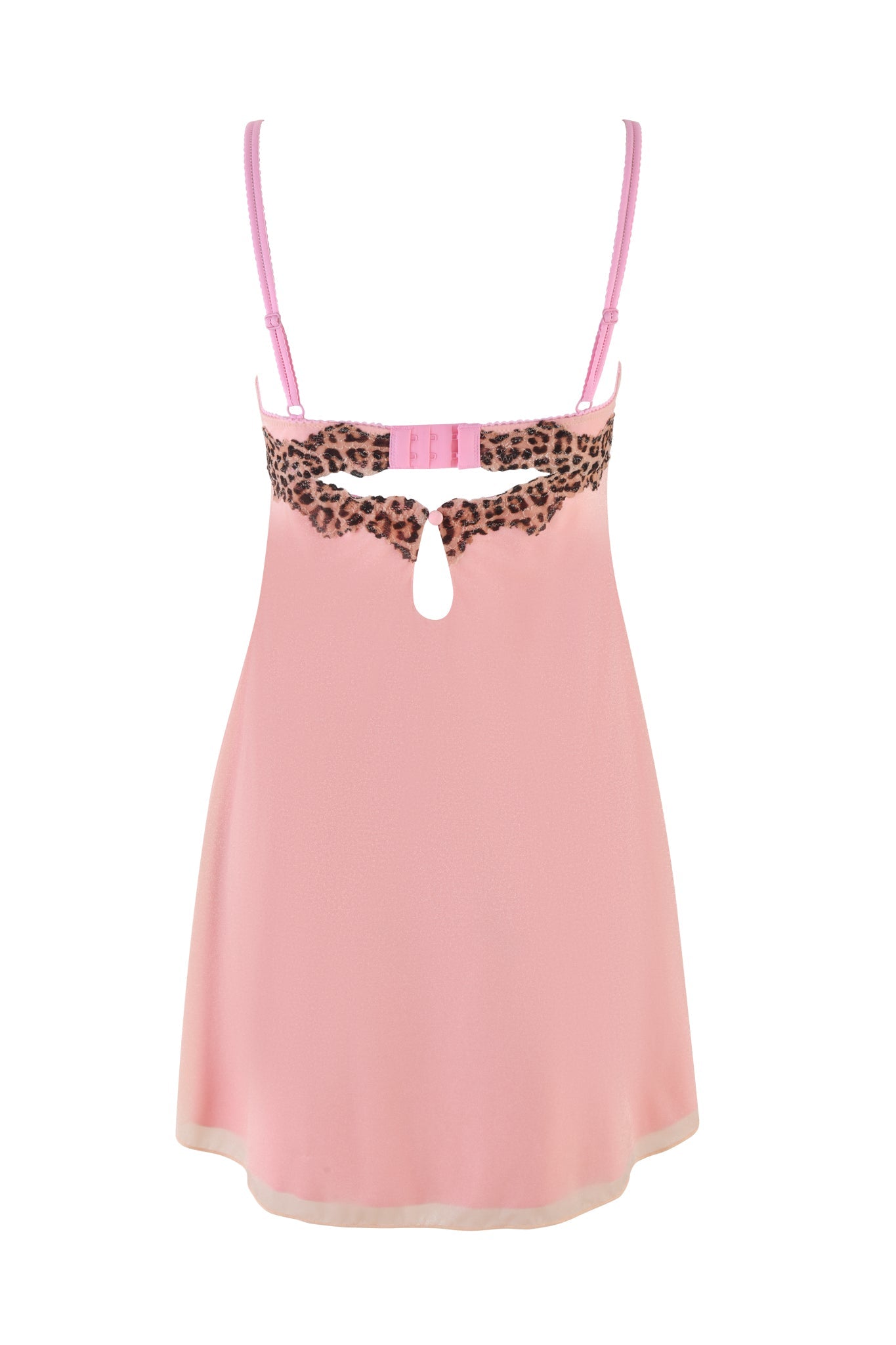 The AMARI SLIP DRESS - PINK : LEOPARD by I.AM.GIA is a sleeveless shimmer knit slip dress with leopard print accents around the bust, a keyhole cutout, and thin shoulder straps, shown on a white background.