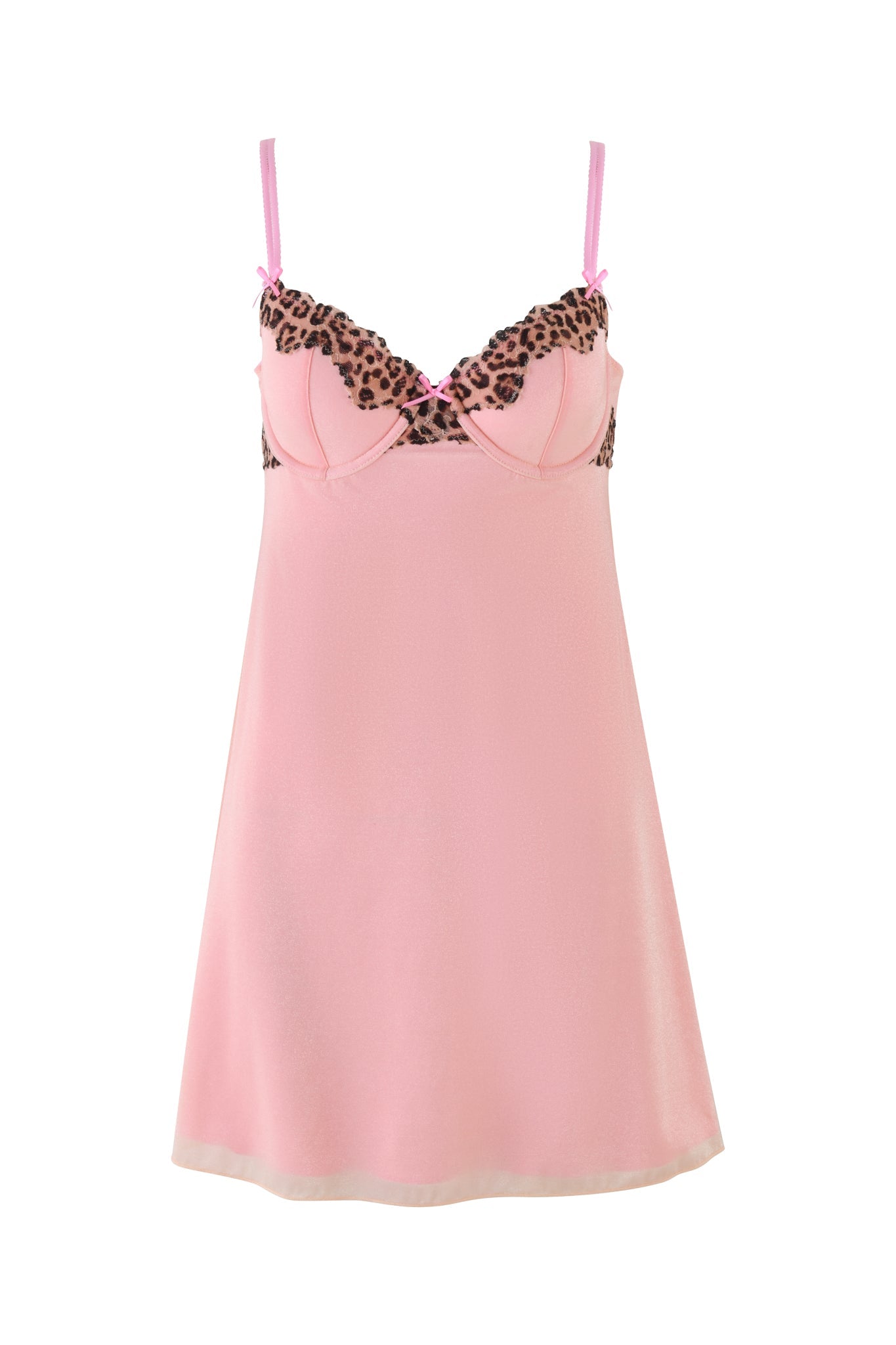 The AMARI SLIP DRESS - PINK: LEOPARD by I.AM.GIA is a charming pink satin nightgown with leopard-printed lace trim on the bust and thin pink straps, featuring an elegantly simple, flowing silhouette.