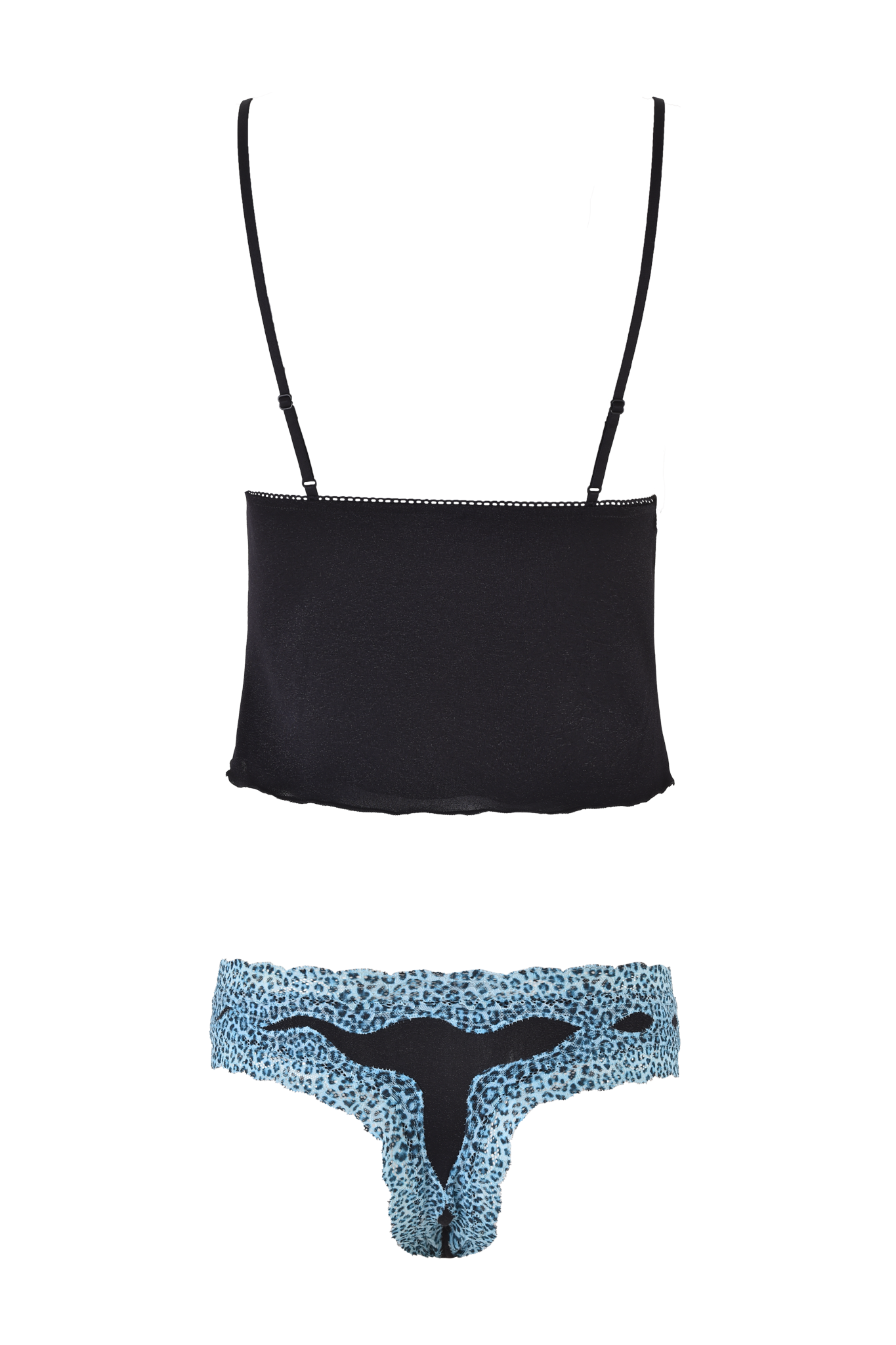 The I.AM.GIA SAHARA CAMI SET - BLACK features a black spaghetti strap crop top and blue leopard lace trim thong, styled in a vintage Y2K cami panty set, laid flat on a white background.