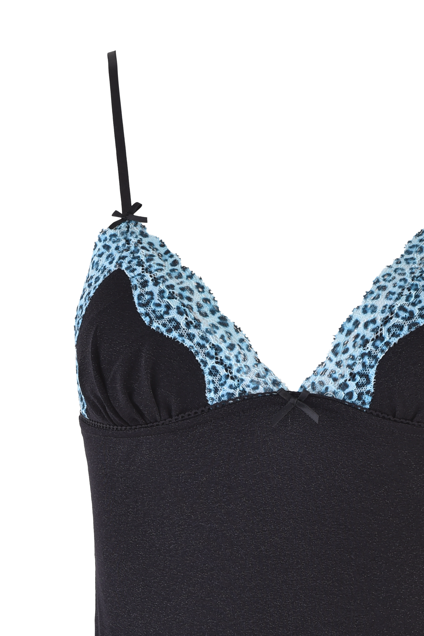 The SAHARA CAMI SET - BLACK by I.AM.GIA features a vintage-inspired black camisole with light blue and black leopard lace trim on the bust, thin black spaghetti straps, and small black bows on the straps and center front.