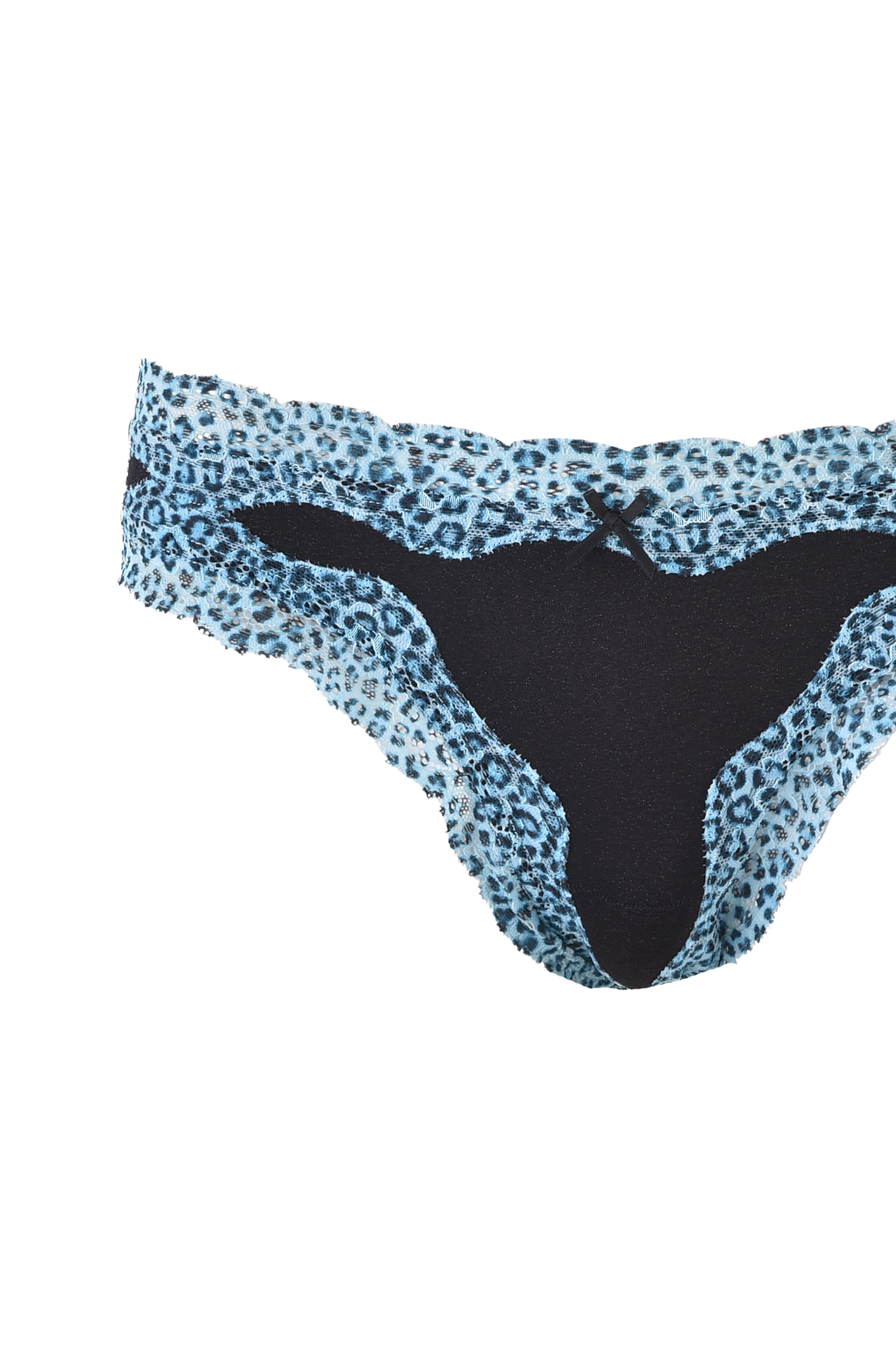 The SAHARA CAMI SET - BLACK by I.AM.GIA is a vintage-inspired women's bikini-style underwear set featuring a light blue and black leopard print, black front panel, and delicate leopard lace trim.