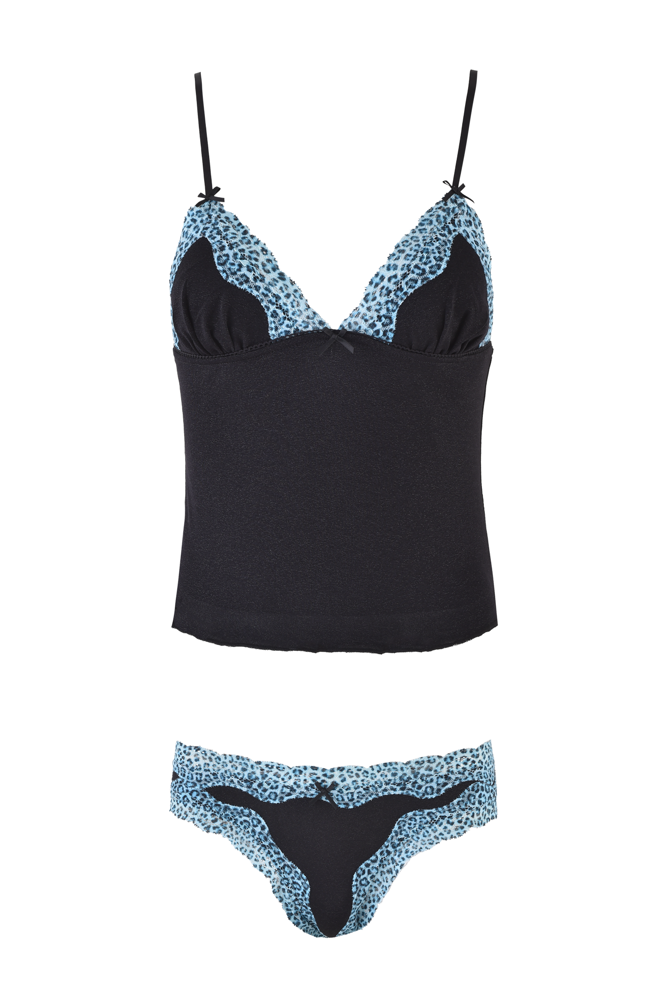 The SAHARA CAMI SET - BLACK by I.AM.GIA features a cami with blue leopard lace trim and bow, paired with matching black and blue leopard print panties for a bold Y2K-inspired lingerie look.