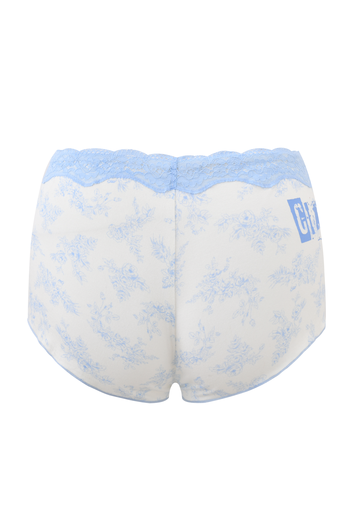 The I.AM.GIA CASSIA SHORT - BLUE TOILE is a pair of women's underwear in white with a light blue toile floral print, blue lace waistband trim, and a blue "GF" logo on the back right side.