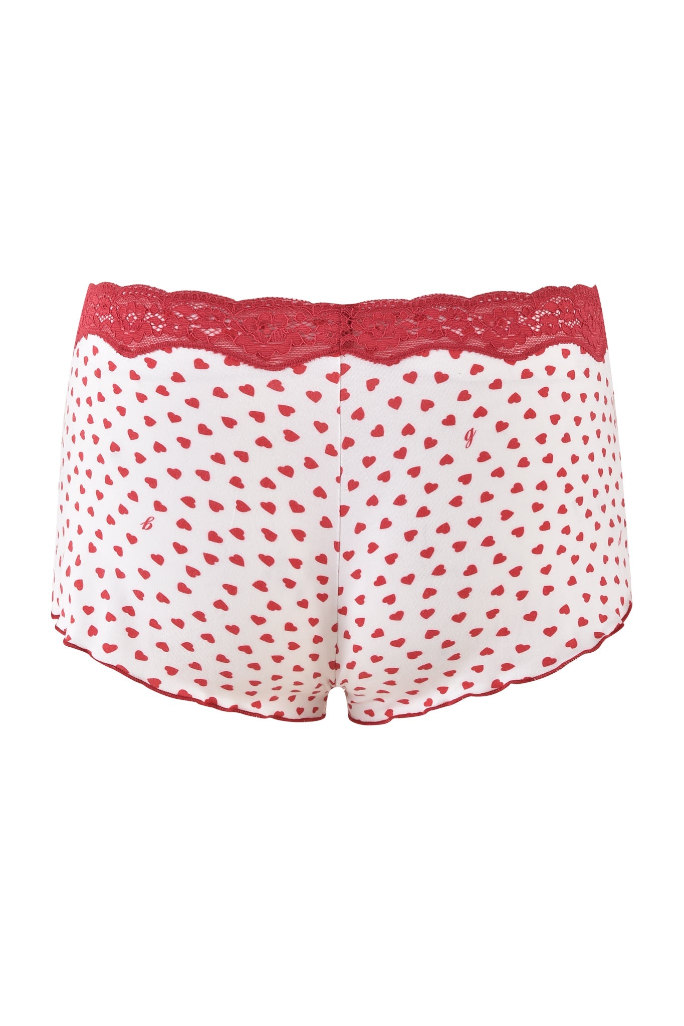 White CASSIA SHORT by I.AM.GIA featuring a red lace waistband and a heart print design.
