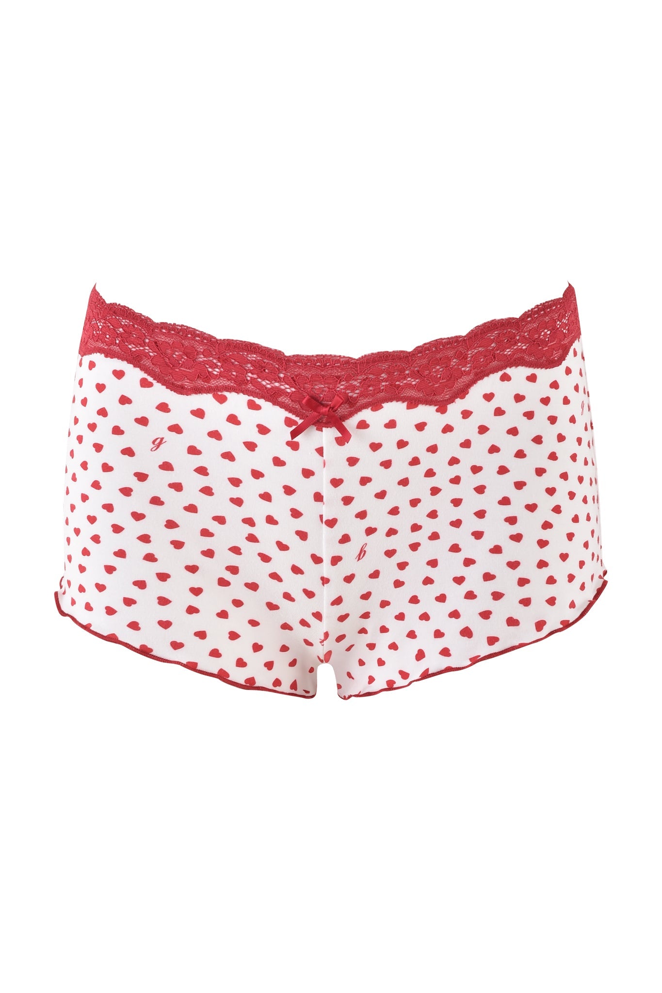 I.AM.GIA's CASSIA SHORT in white showcases a red kiss pattern with lace trim and offers a subtle bodycon fit for style, branded as DIGITAL: HEARTBEAT.