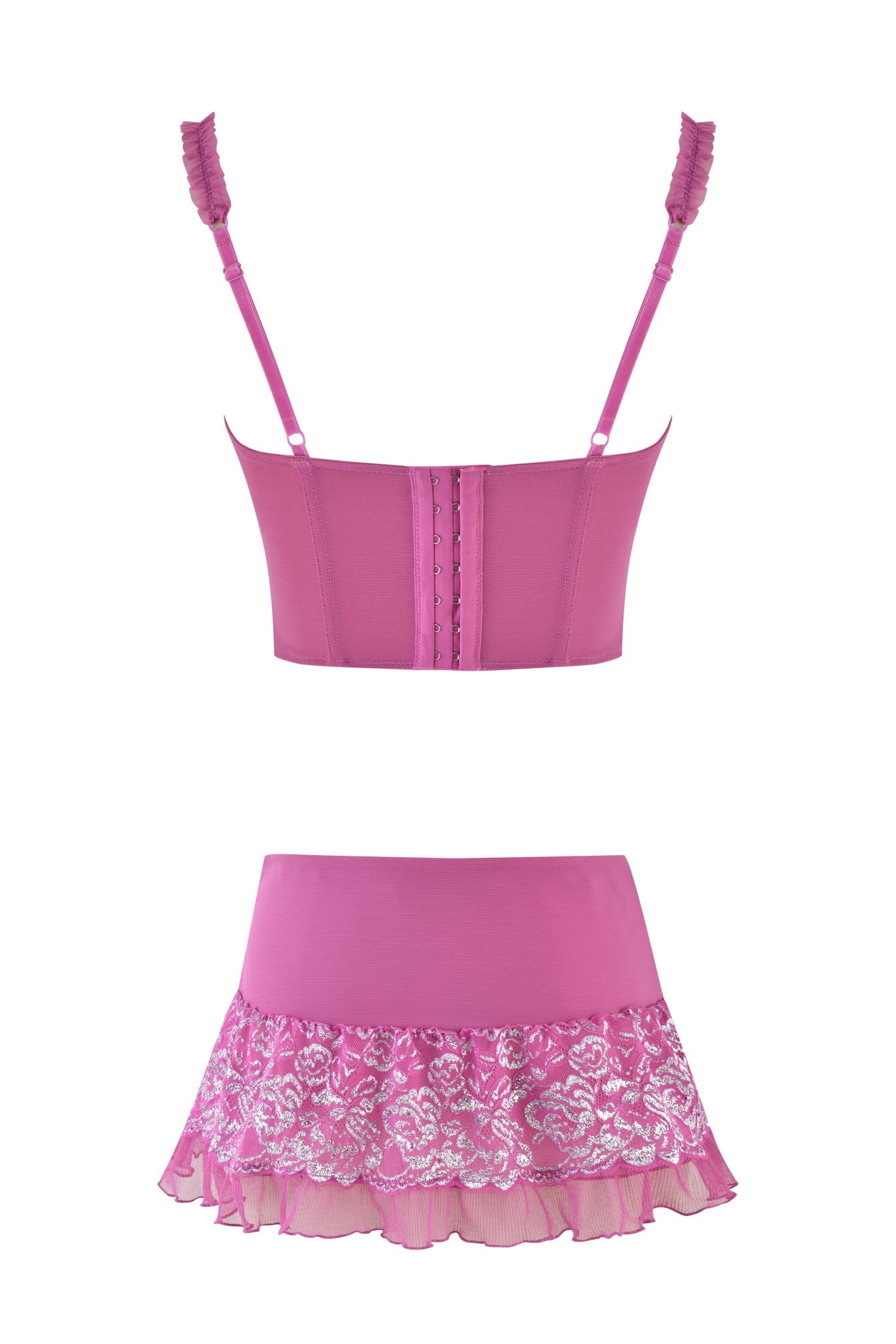 The I.AM.GIA NYSSA 2.0 METALLIC BUSTIER SET in pink includes a lace and power mesh corset bodice top with adjustable straps and hook-eye closures, paired with a matching skirt featuring floral lace detailing and a layered frill for added charm.
