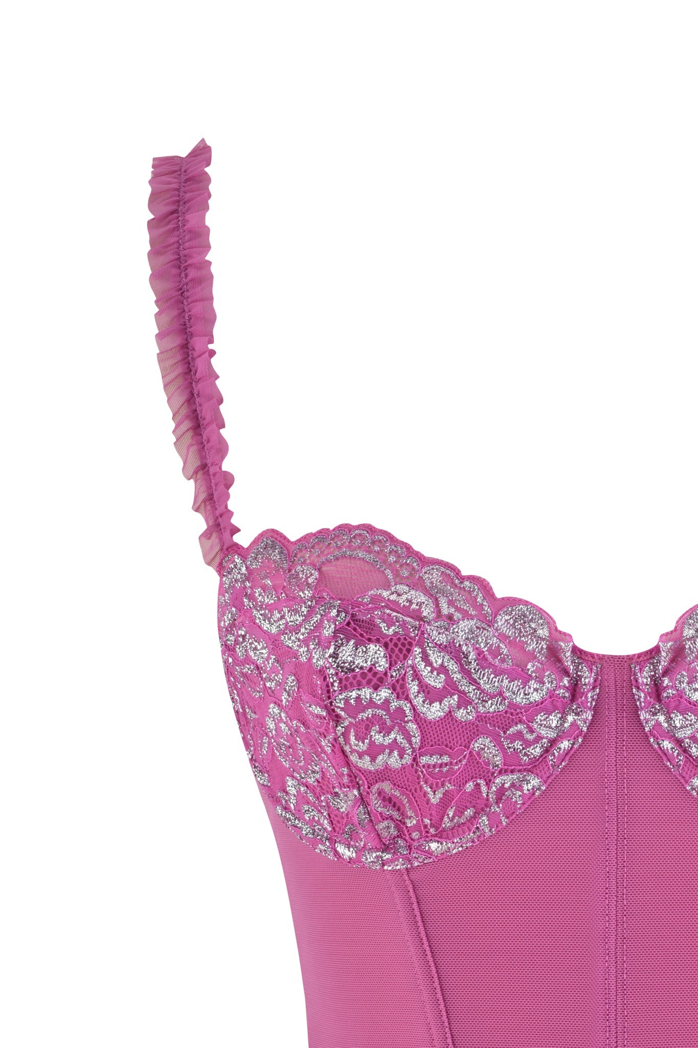 Close-up of the NYSSA 2.0 METALLIC BUSTIER SET in pink by I.AM.GIA, showcasing intricate metallic stretch lace on the bust and a ruffled strap. Swirling lace patterns add a delicate, feminine touch against a plain white background.