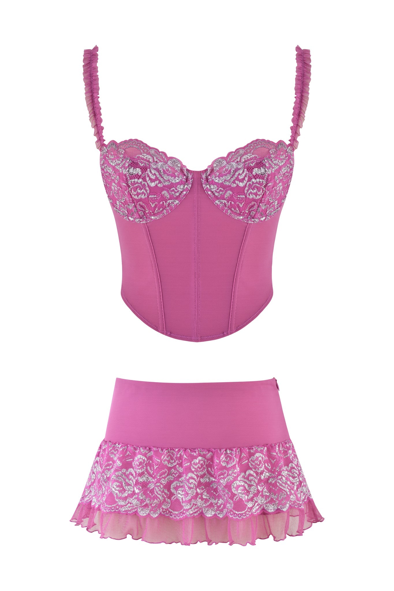 The NYSSA 2.0 METALLIC BUSTIER SET - PINK by I.AM.GIA features a fitted lace bustier with ruffled straps and a metallic stretch lace skirt, detailed with intricate floral patterns for an elegant, feminine look.