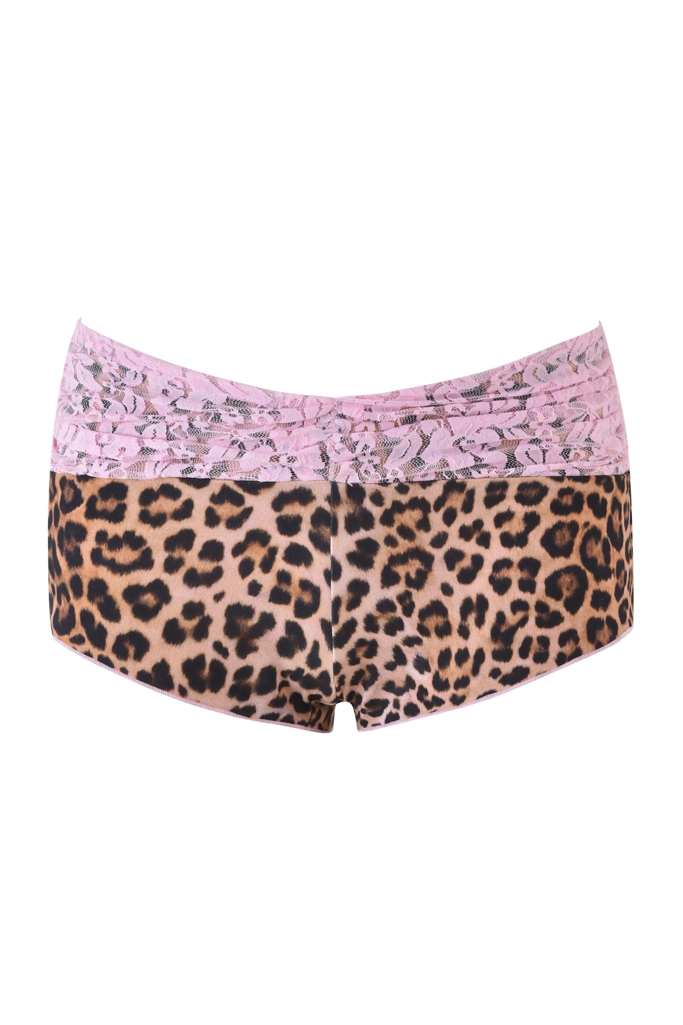 The KENDRA SHORT - NEUTRAL : LEOPARD by I.AM.GIA features pink leopard print with lace detailing and a low-rise waist for comfort.