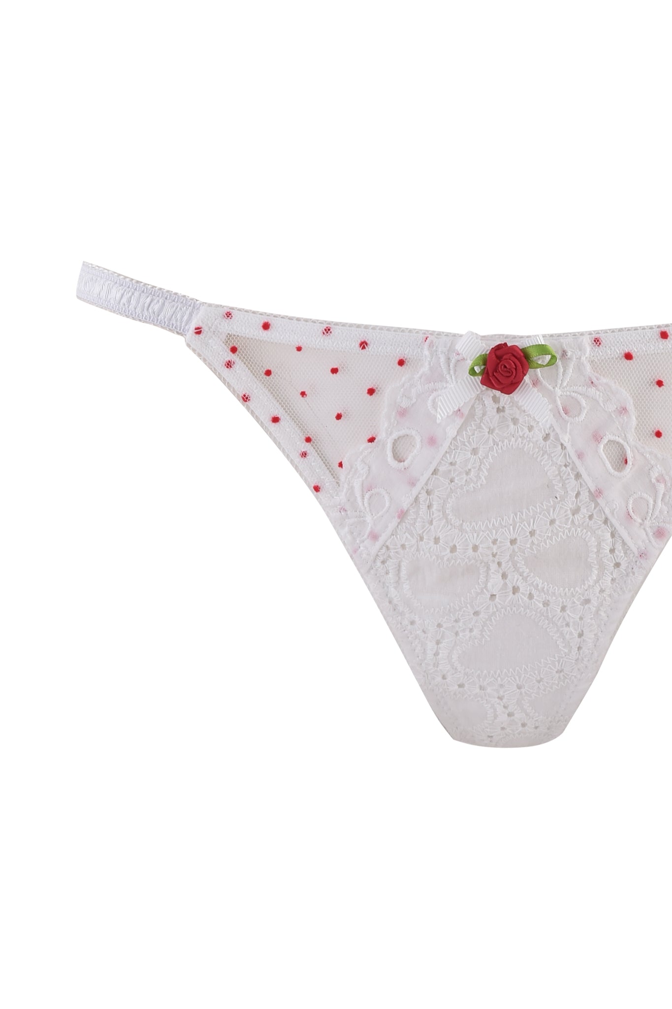 The CHRISSY SET - WHITE by I.AM.GIA features a white lace thong with red polka dots and a rose and ribbon detail. Pair it with the matching embroidered underwire bra for a coordinated and charming lingerie set.