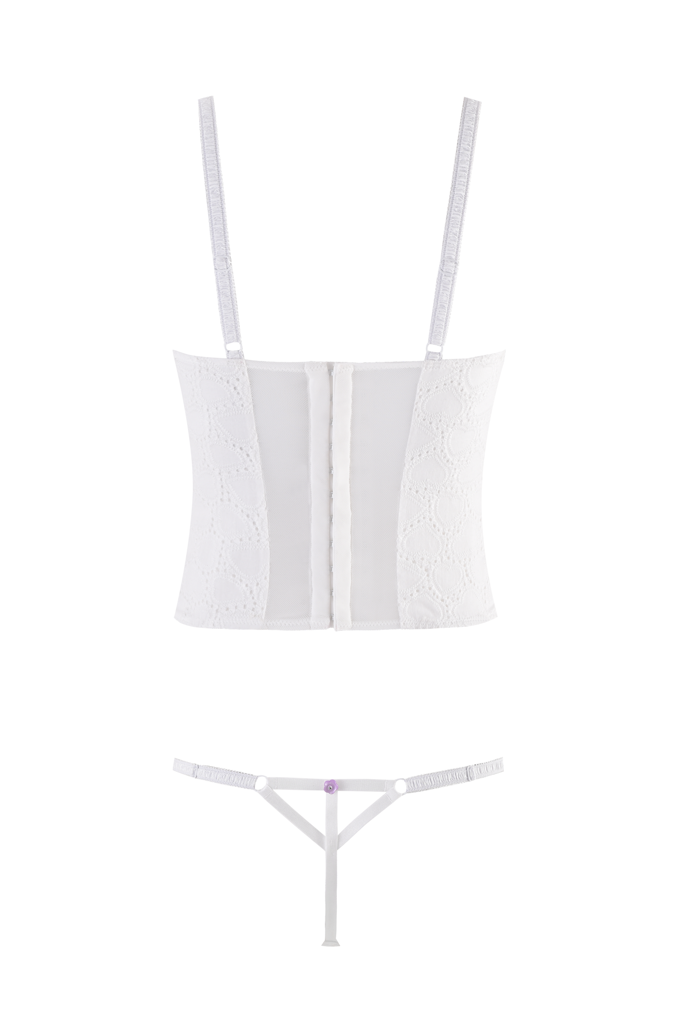 The ELLA BUSTIER SET - WHITE by I.AM.GIA features sheer floral tulle, a strapless bustier top with adjustable straps, and a matching thong with a small purple bow accent at the center.