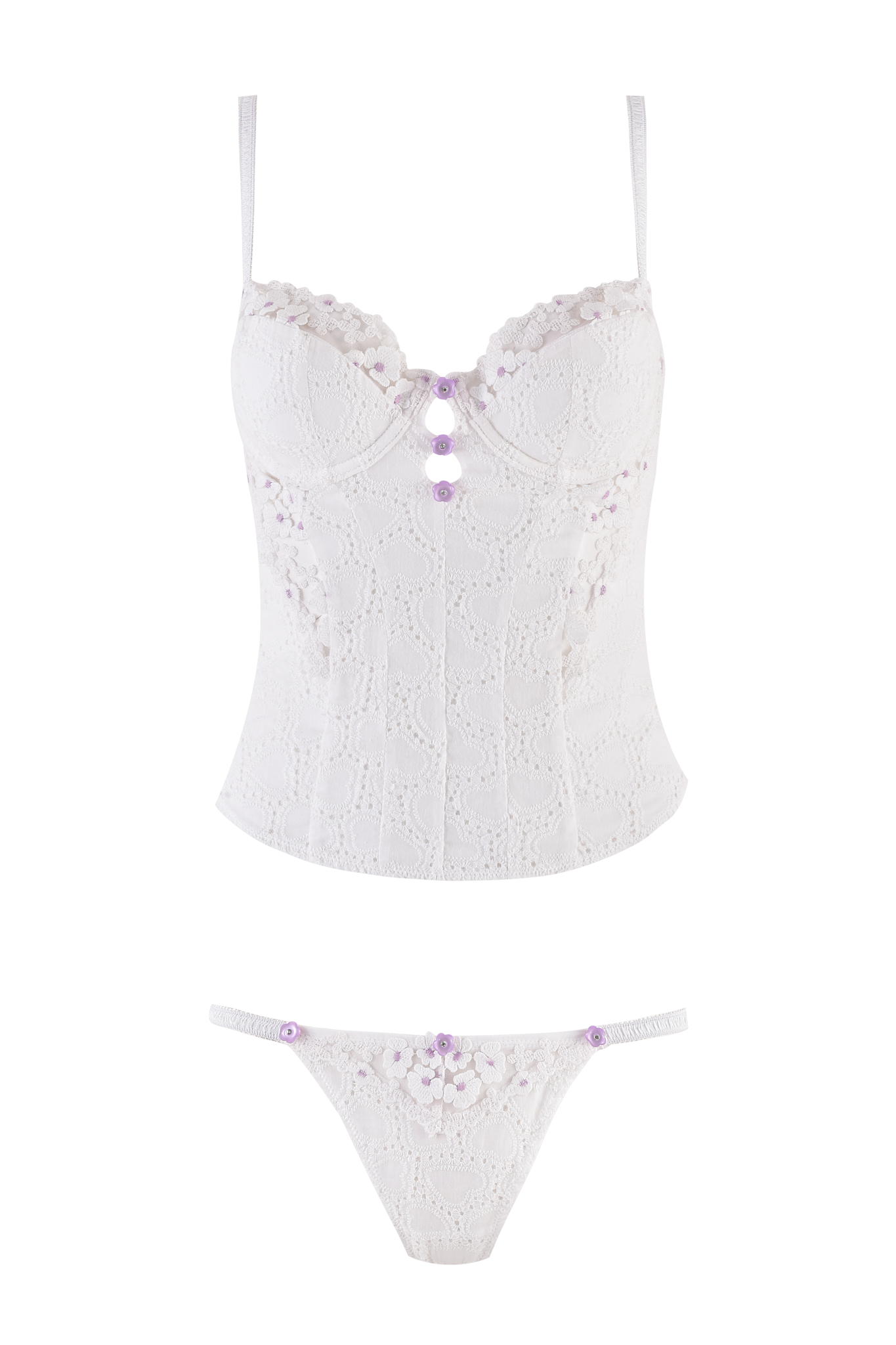 The ELLA BUSTIER SET - WHITE by I.AM.GIA features sheer floral tulle, adjustable straps, lavender ribbon accents, and includes a lace bustier and matching thong, displayed on a plain background.
