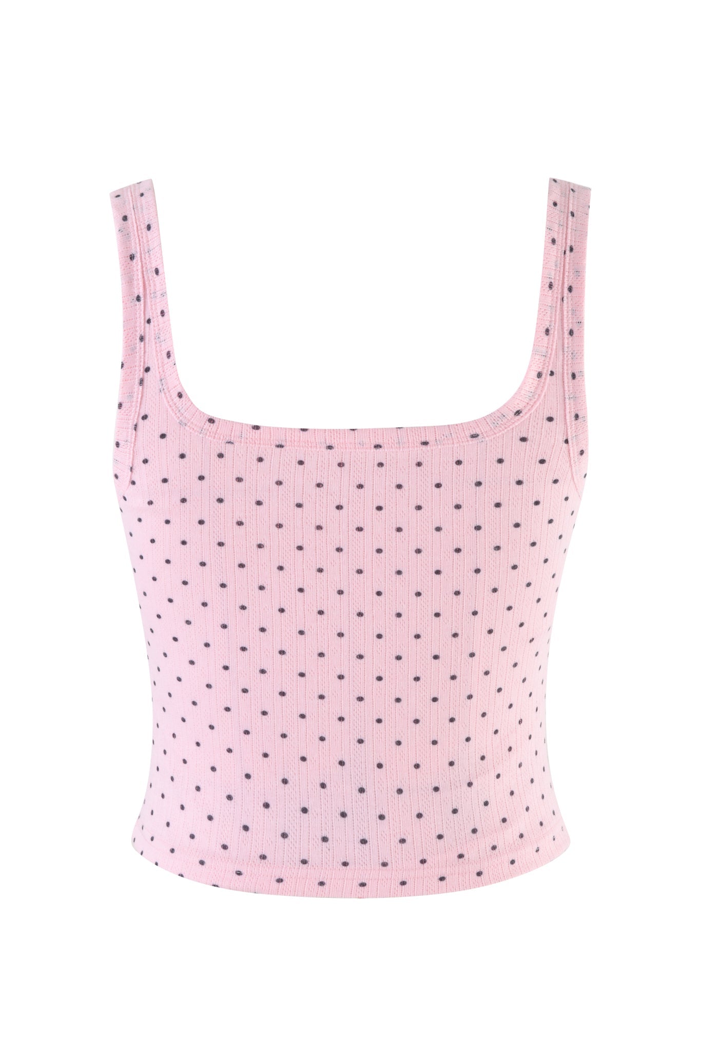 The LAUREL TANK in light pink by I.AM.GIA features a ribbed, polka dot design with wide shoulder straps and high-stretch fabric for a comfortable, body-con fit.