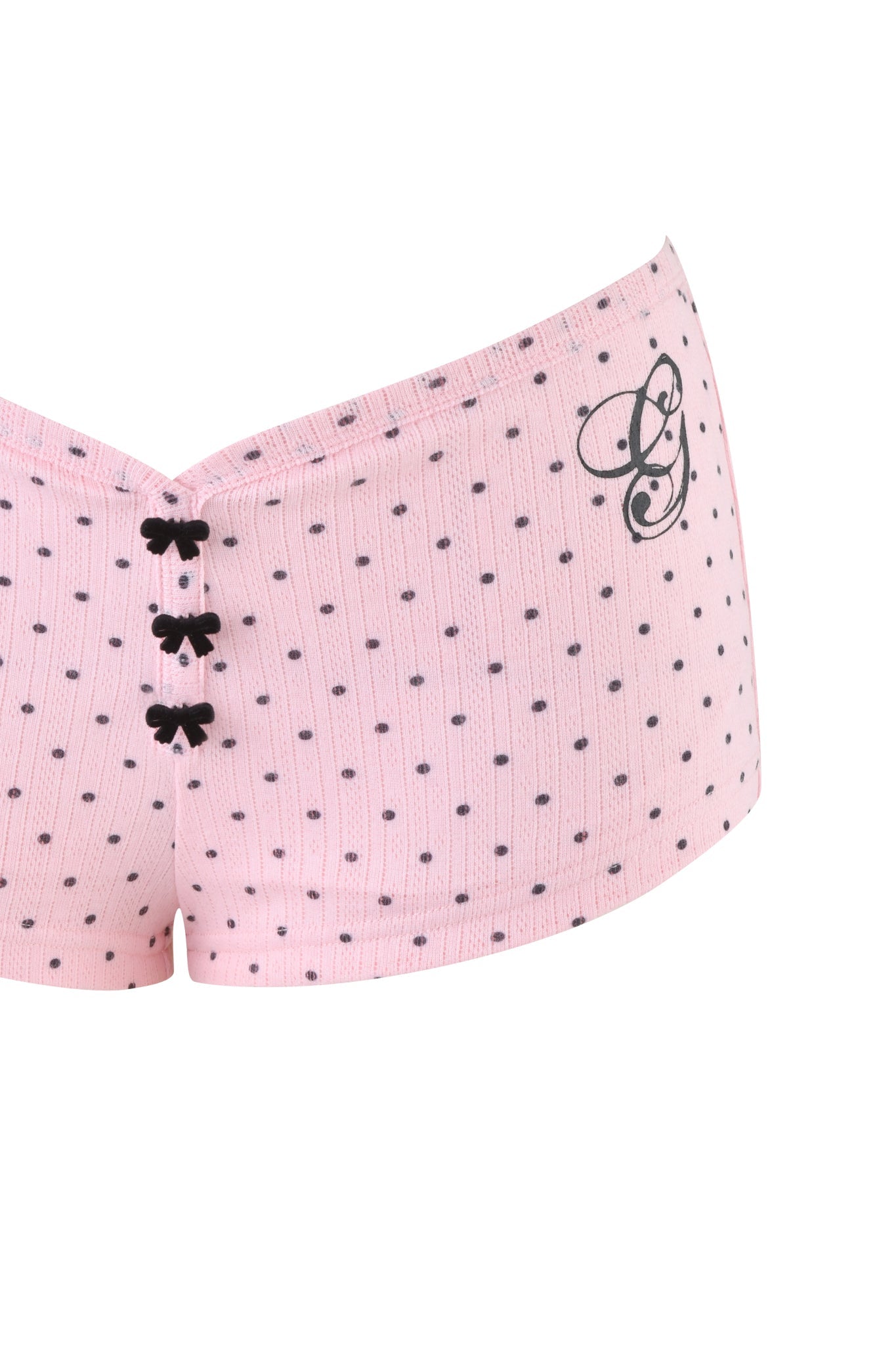 The I.AM.GIA LAUREL SHORT - LIGHT PINK is a women's low rise mini short underwear in pink polka dot, with three black bows on the back and a decorative black "G" on the right, set against a white background.