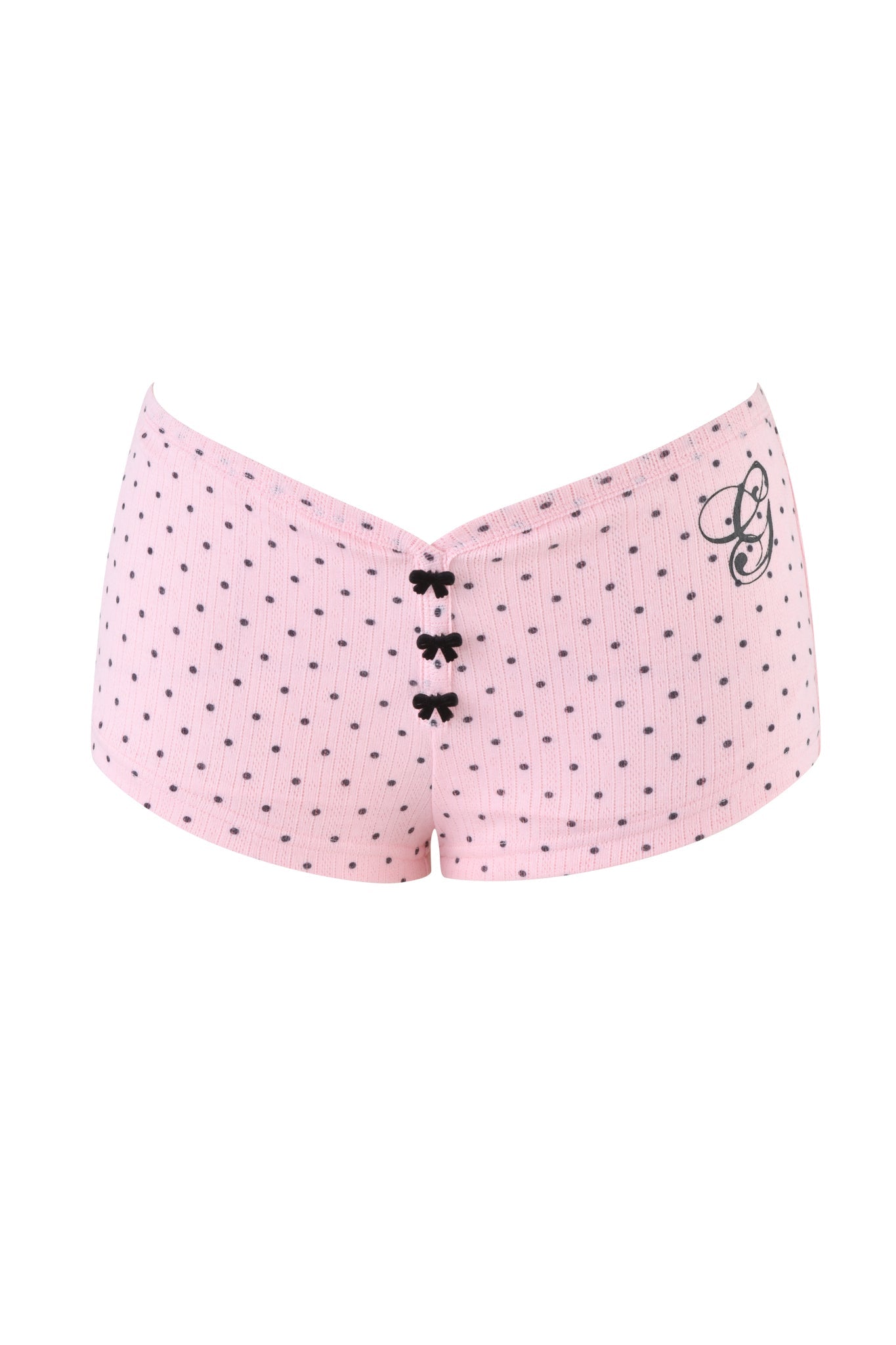 I.AM.GIA's LAUREL SHORT - LIGHT PINK is a women's low-rise boyshort underwear featuring small black polka dots, three front black bows, and a decorative "G" printed on the upper left side.