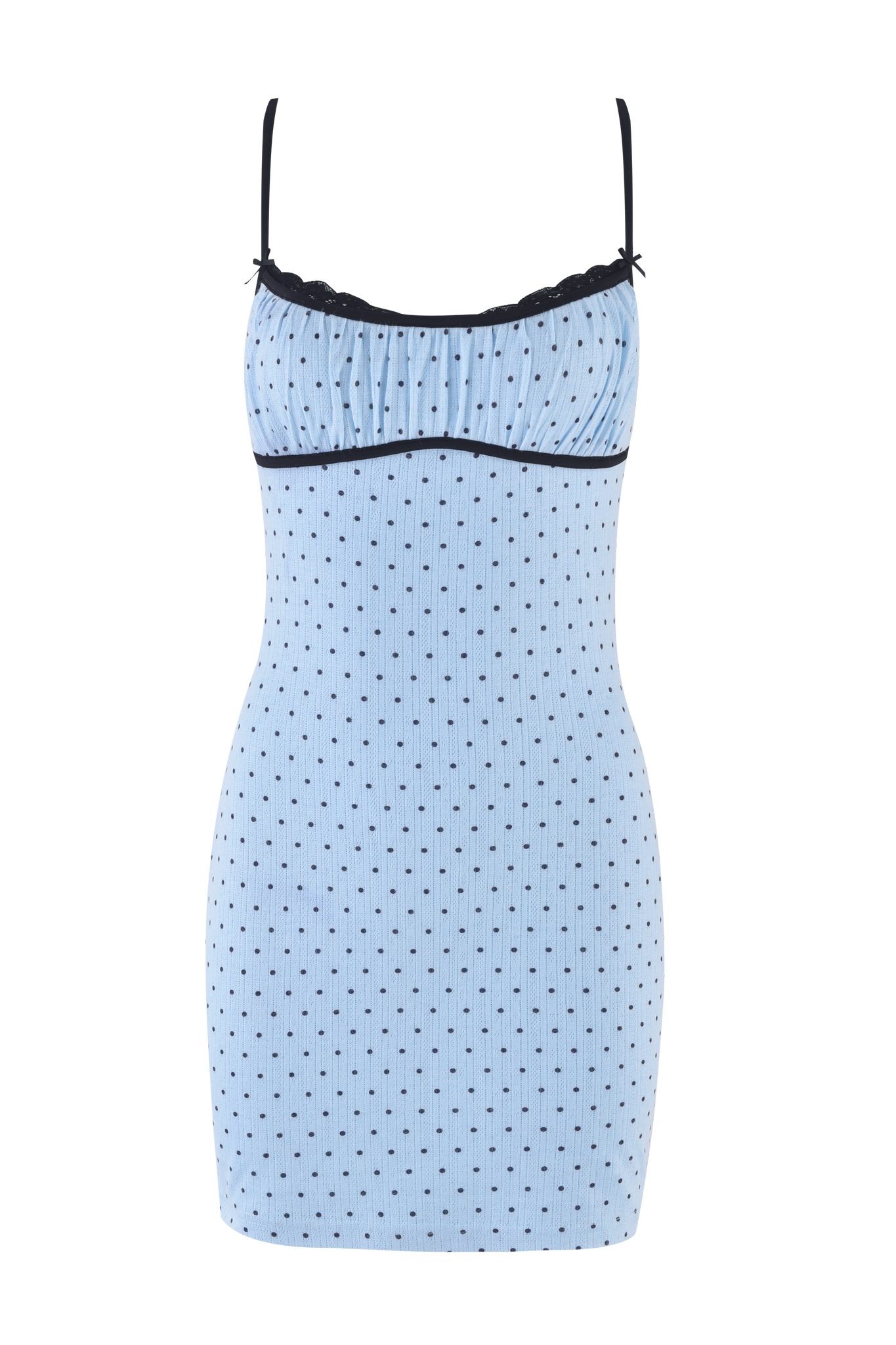 The MILA SLIP DRESS - BLUE by I.AM.GIA features light blue fabric with small black polka dots, black trim on the neckline and straps, slim spaghetti straps, gathered bust detail, and a flattering body-con silhouette.