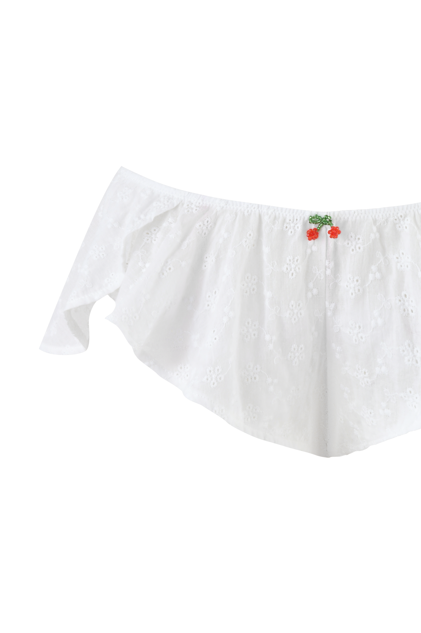 The JUNIE SHORT SET - WHITE by I.AM.GIA features an off-the-shoulder eyelet lace crop top with small beaded cherry details near the elastic neckline, shown on a plain background.