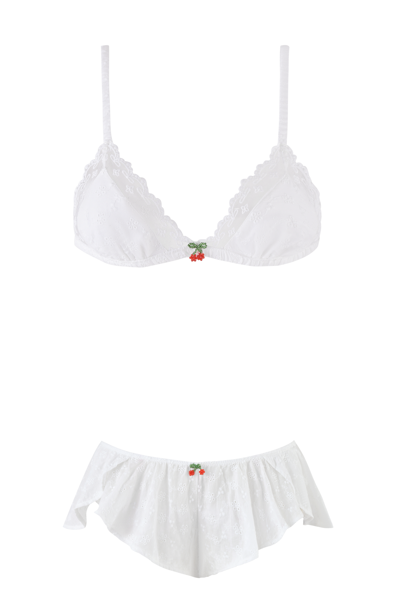 The JUNIE SHORT SET - WHITE by I.AM.GIA features a bralette and frilly shorts with delicate lace details, each adorned with small red and green holly decorations at the center for a festive look.