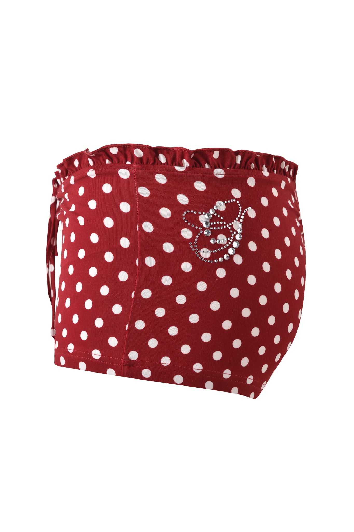 The MELANIE SHORT - RED POLKA DOT by I.AM.GIA is a high-waisted pair with red and white polka dots, a ruffled waistband, a decorative bow, and sparkling rhinestone embellishments for a playful look.