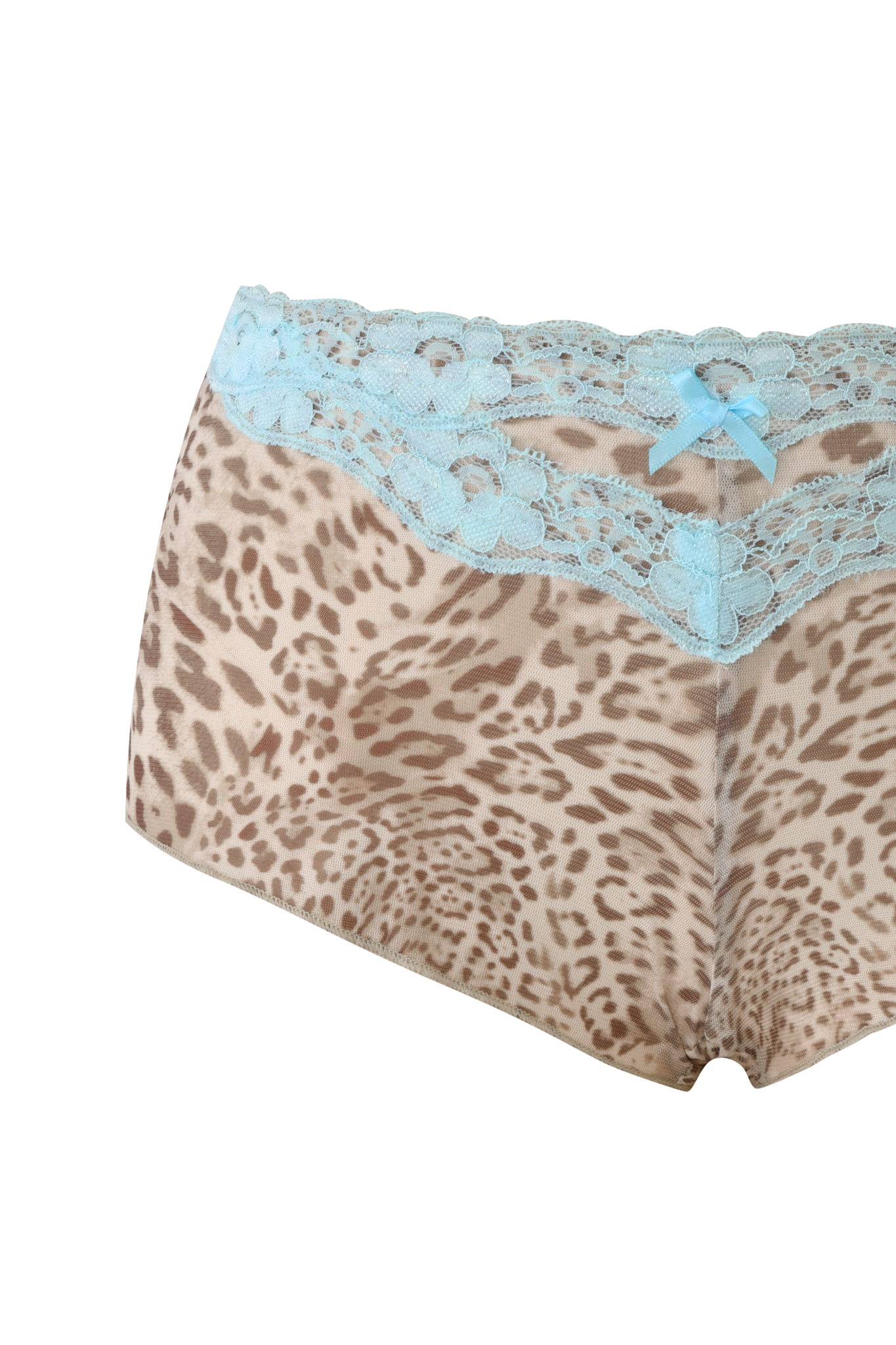The I.AM.GIA TASHA SHORT - LEOPARD LIMBO features a leopard print, low-rise fit, a wide light blue lace waistband, and a small blue bow at the center front.