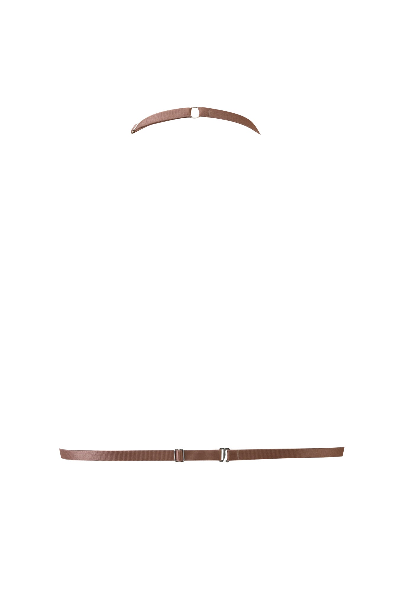 Two slim brown faux snakeskin leather straps with metal buckles, arranged parallel on white, lend an edgy touch inspired by the I.AM.GIA CINNA TRIANGLE TOP - SNAKESKIN’s signature bra top style.