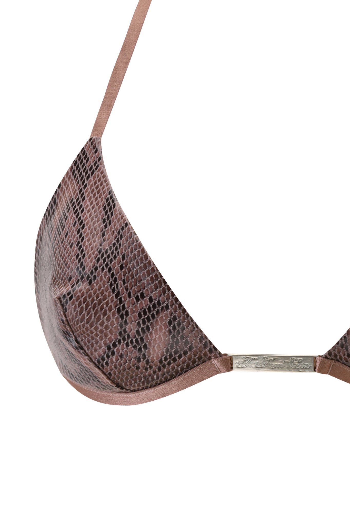 A close-up of the I.AM.GIA CINNA TRIANGLE TOP in brown faux snakeskin, featuring a metallic center accent, is displayed against a white background.