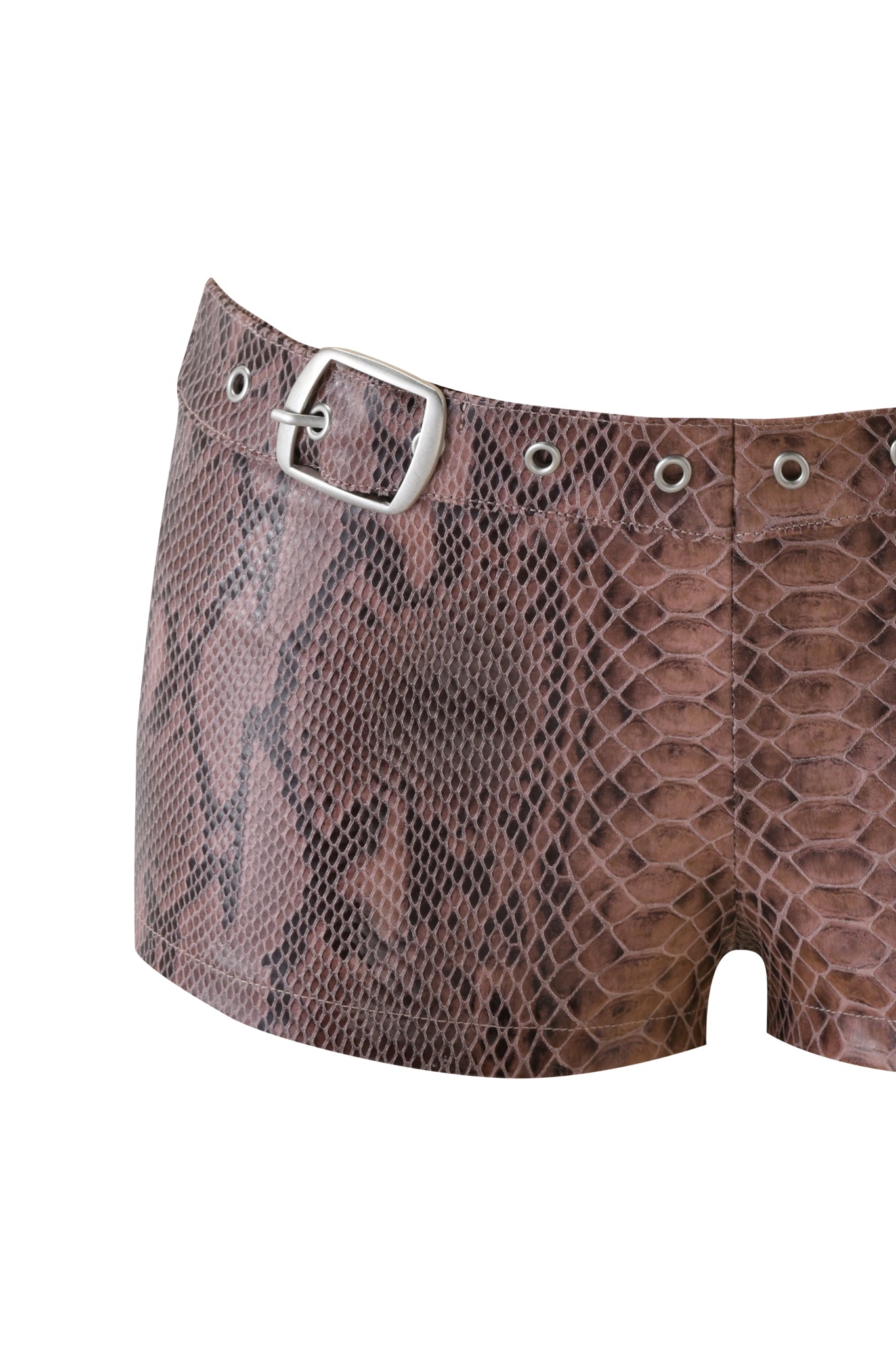 The I.AM.GIA CINNA SHORT - SNAKESKIN is a pair of low-rise brown faux snakeskin shorts with a silver belt and metal eyelets at the waistband.